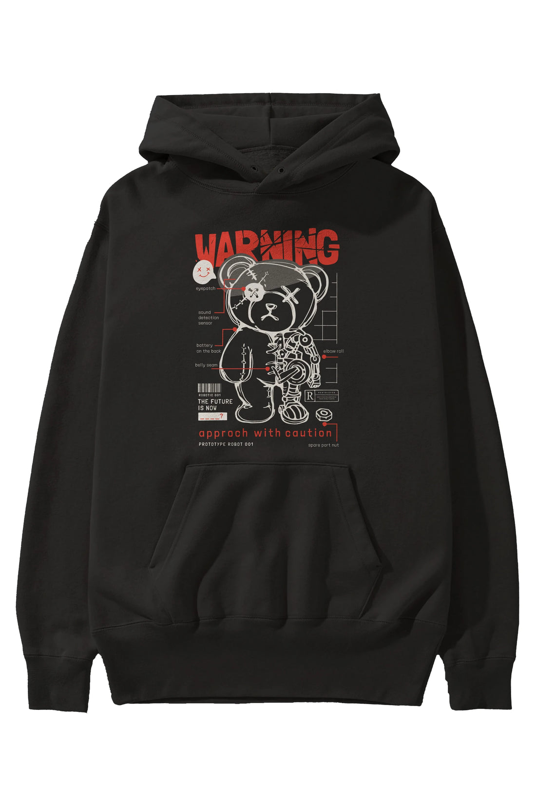 Teddy Bear Warning Ön Baskılı Hoodie Oversize Kapüşonlu Sweatshirt Erkek Kadın Unisex