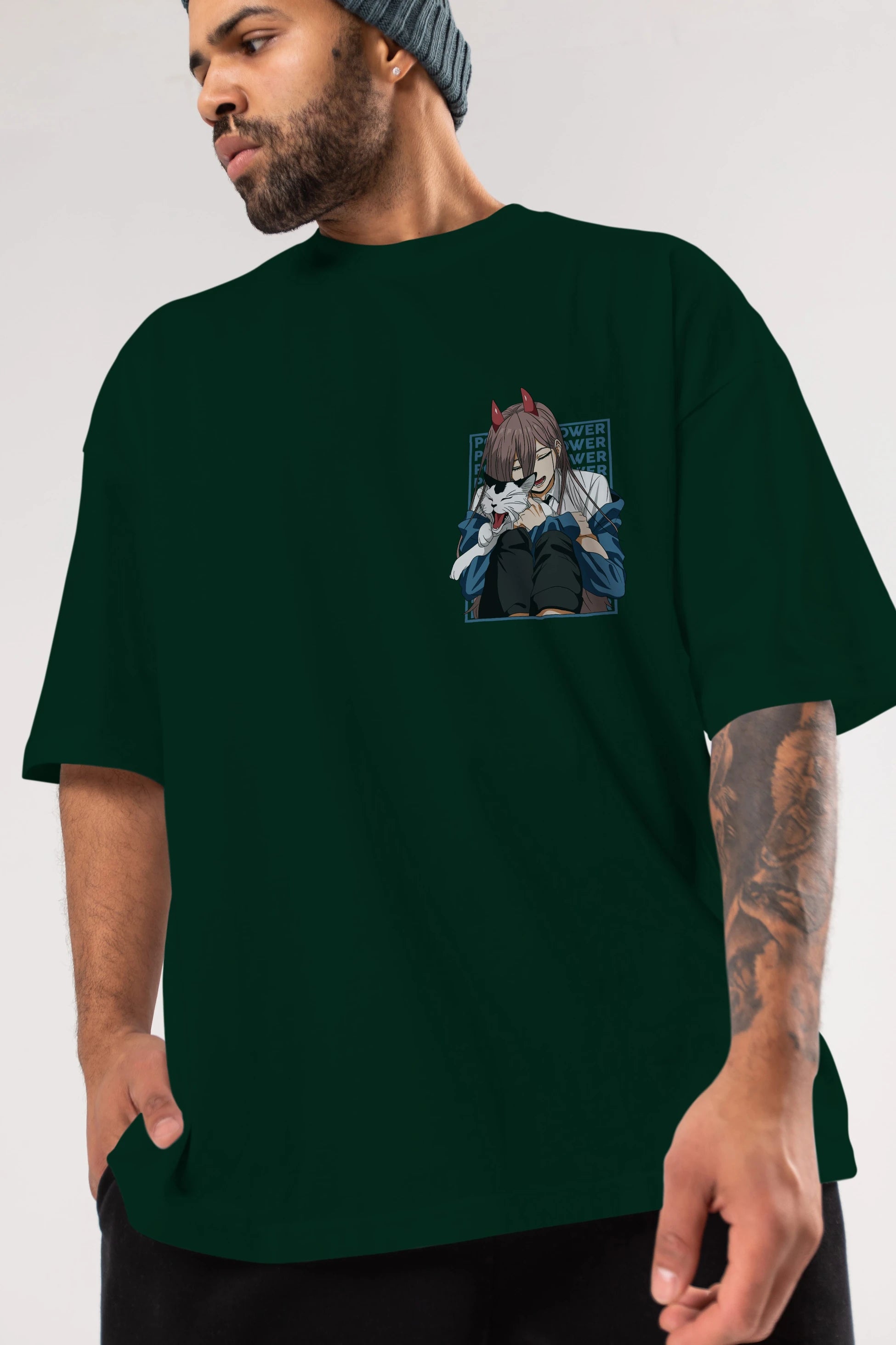 POWER CHAINSAWMAN Ön Sol Baskılı Oversize t-shirt Erkek Kadın Unisex %100 Pamuk Bisiklet Yaka tişort