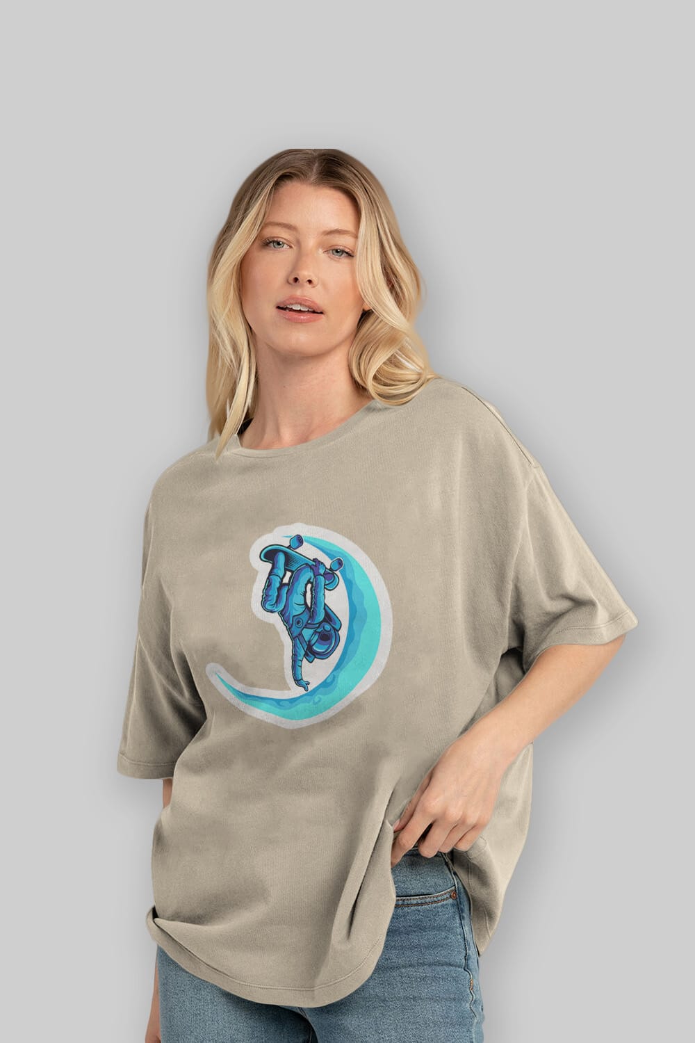 Skating on the moon sticker Ön Baskılı Oversize t-shirt Erkek Kadın Unisex