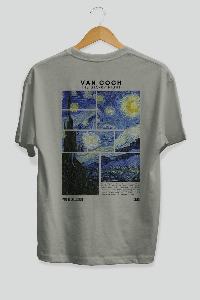 Van Gogh The Starry Night Arka Baskılı Oversize t-shirt Erkek Kadın Bisiklet Yaka Pamuk tişort