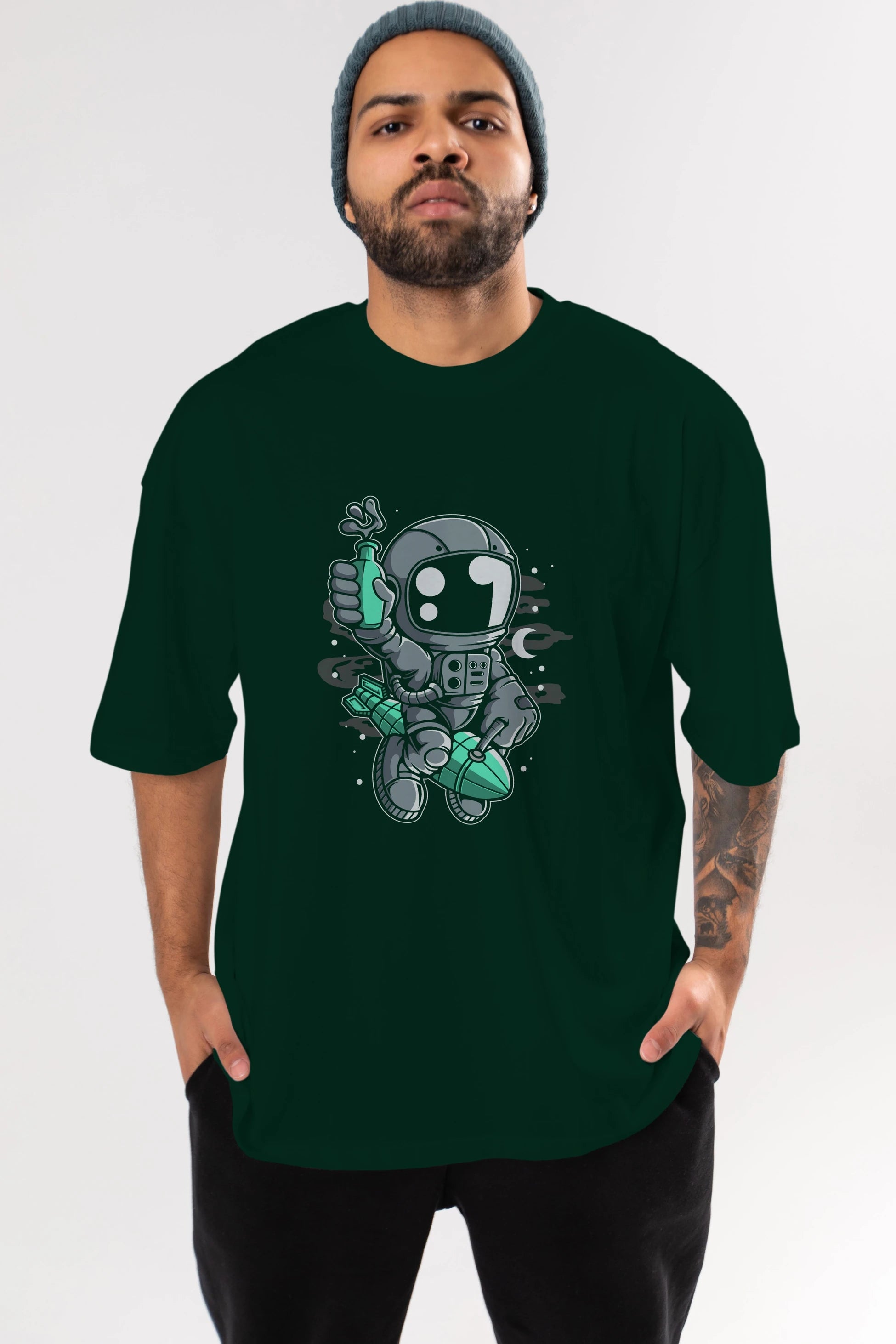 Astronaut Rocket Ön Baskılı Oversize t-shirt Erkek Kadın Unisex