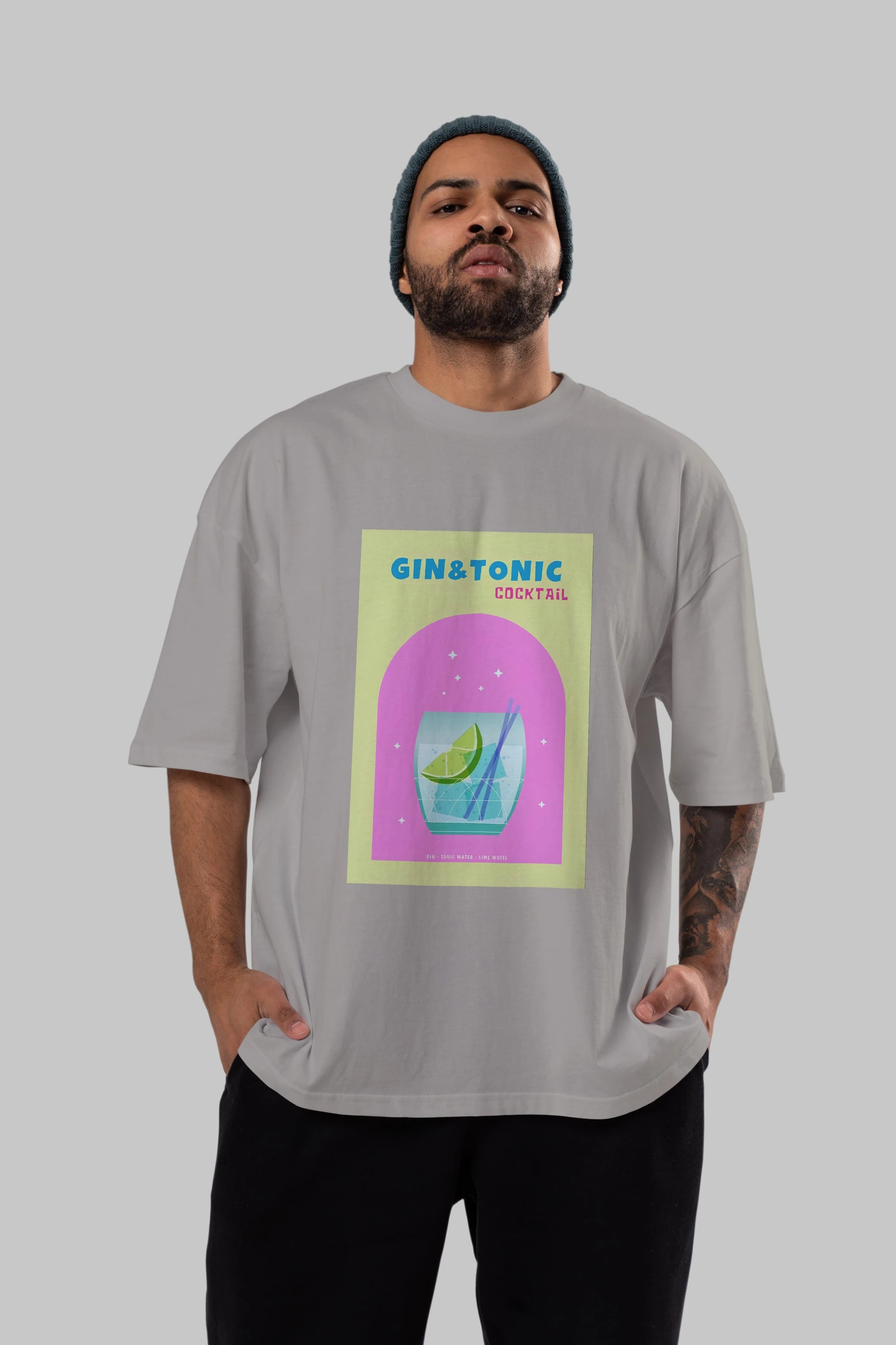 Gin Tonic Cocktail Ön Baskılı Oversize t-shirt Erkek Kadın Unisex %100 Pamuk Bisiklet Yaka tişort