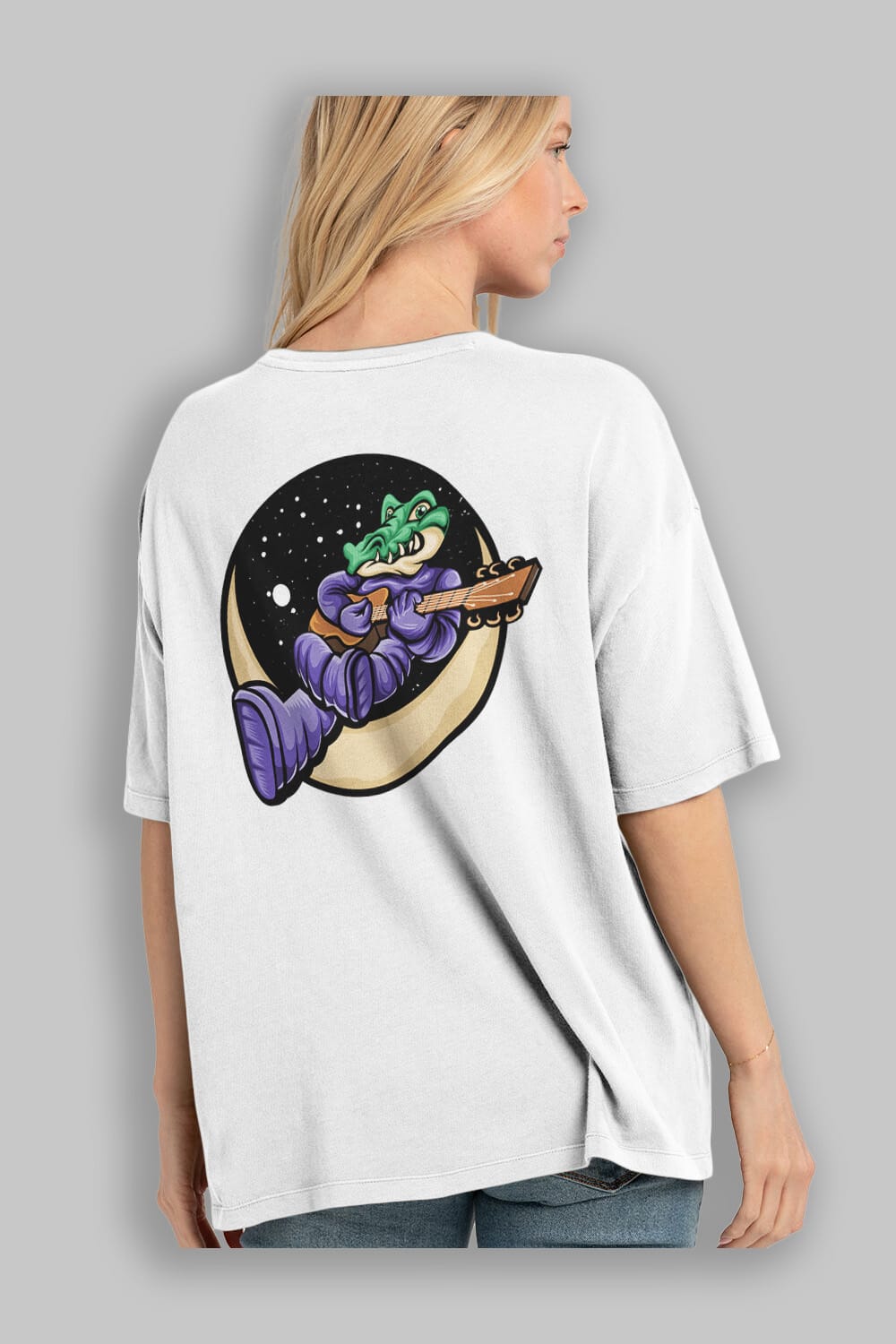 Space Crocodile Arka Baskılı Oversize t-shirt Erkek Kadın Unisex