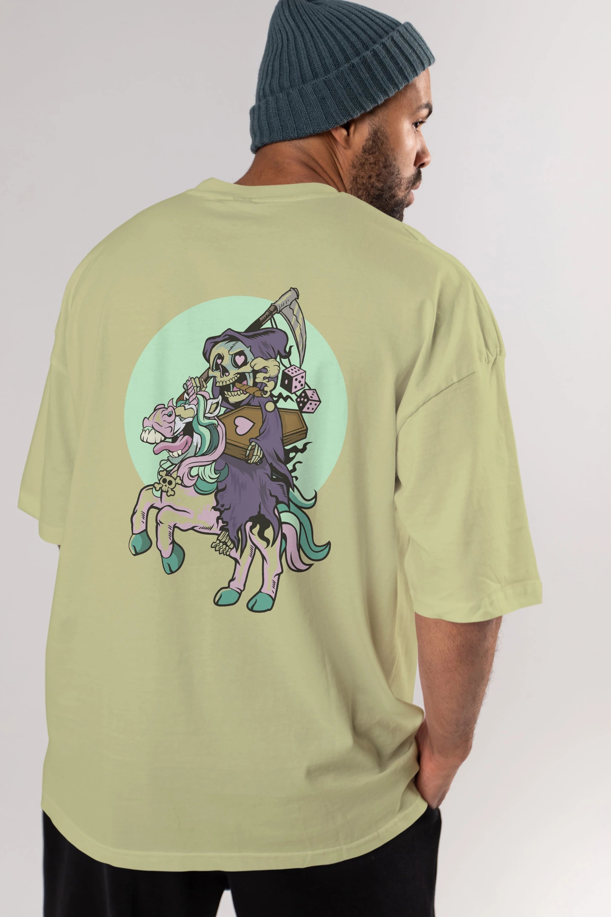 Grim Reaper Riding Unicorn Arka Baskılı Oversize t-shirt Erkek Kadın Unisex %100 Pamuk tişort