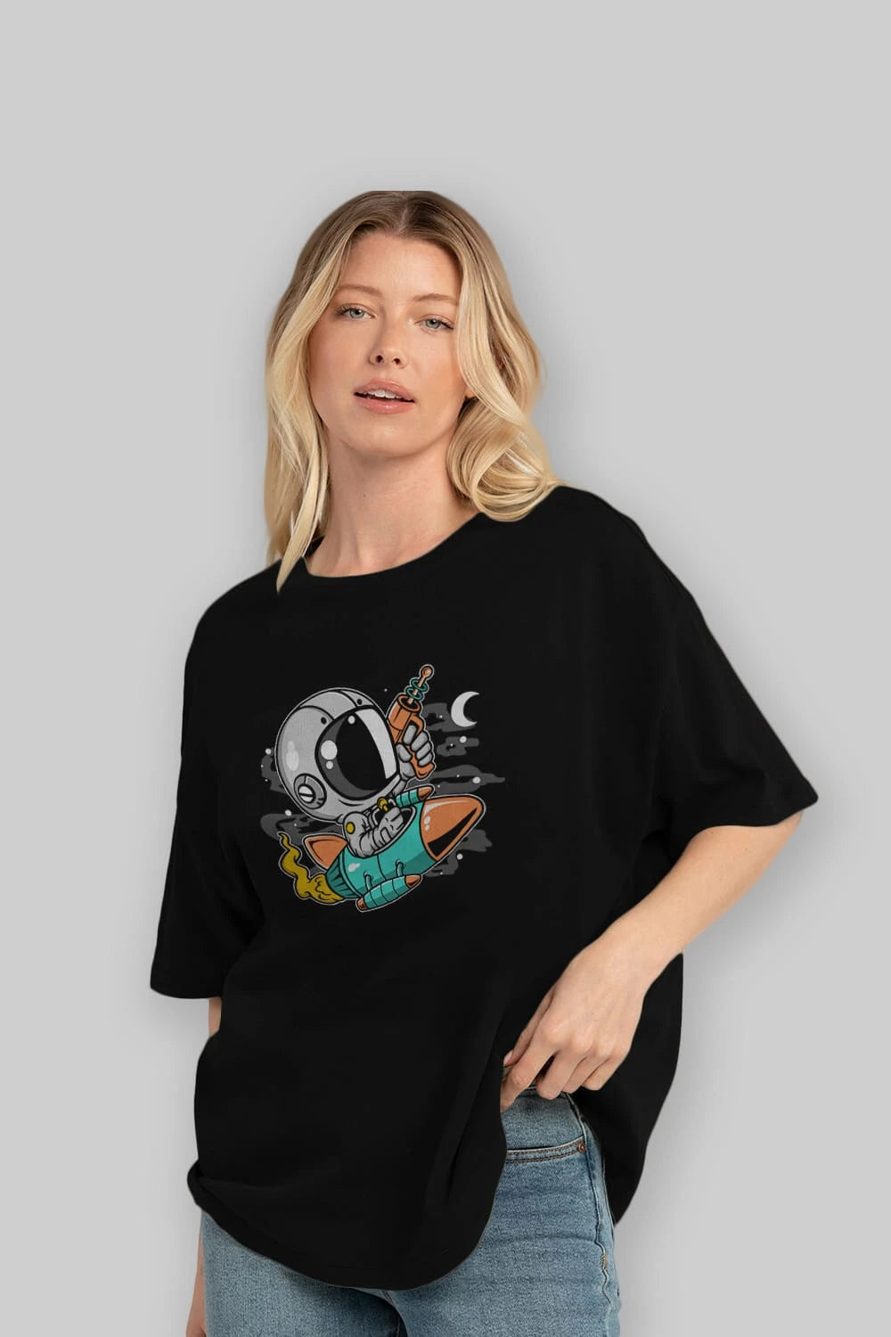 Astronaut Riding Rocket Ön Baskılı Oversize t-shirt Erkek Kadın Unisex