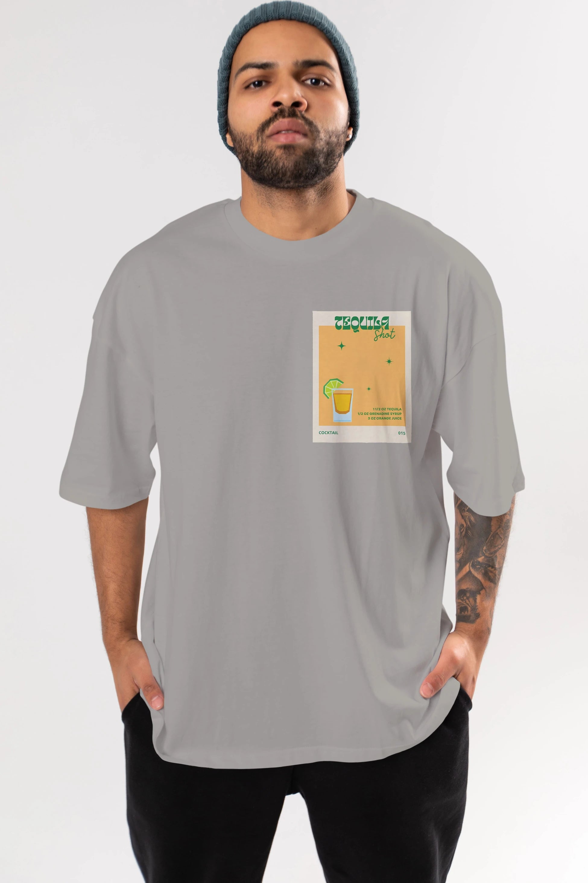Tequila Shot 2 Ön Sol Baskılı Oversize t-shirt Erkek Kadın Unisex %100 Pamuk Bisiklet Yaka tişort
