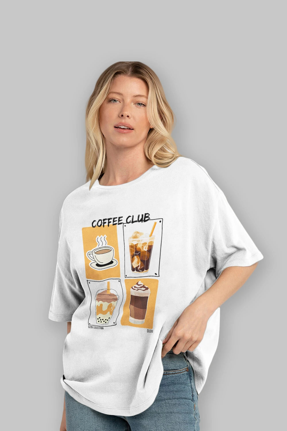Coffee Club ön Baskılı Oversize t-shirt Erkek Kadın %100 Pamuk Bisiklet Yaka tişort