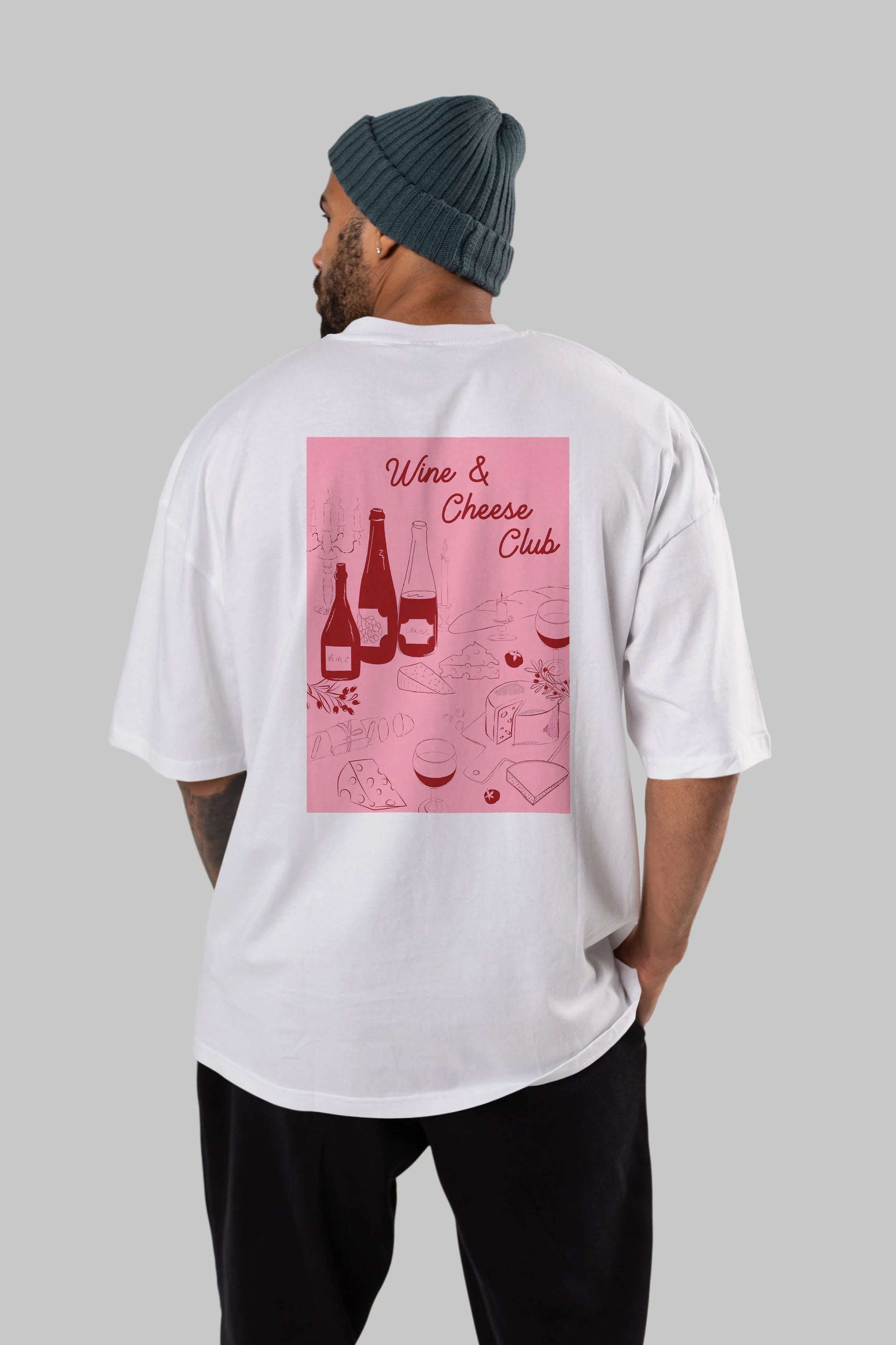 Wine Cheese Club Arka Baskılı Oversize t-shirt Erkek Kadın Unisex %100 Pamuk Bisiklet Yaka tişort