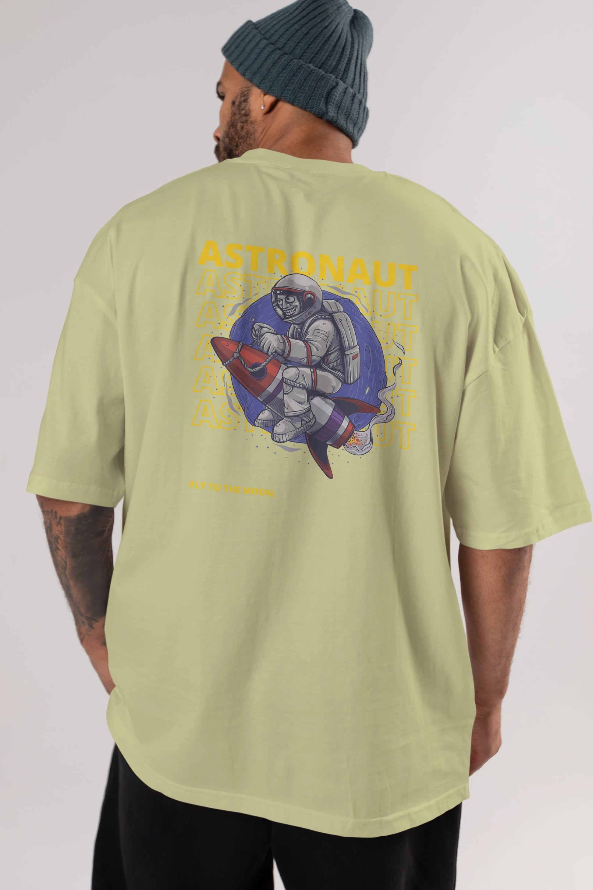 Astronaut Fly to the Moon Yazılı Arka Baskılı Oversize t-shirt Erkek Kadın Unisex