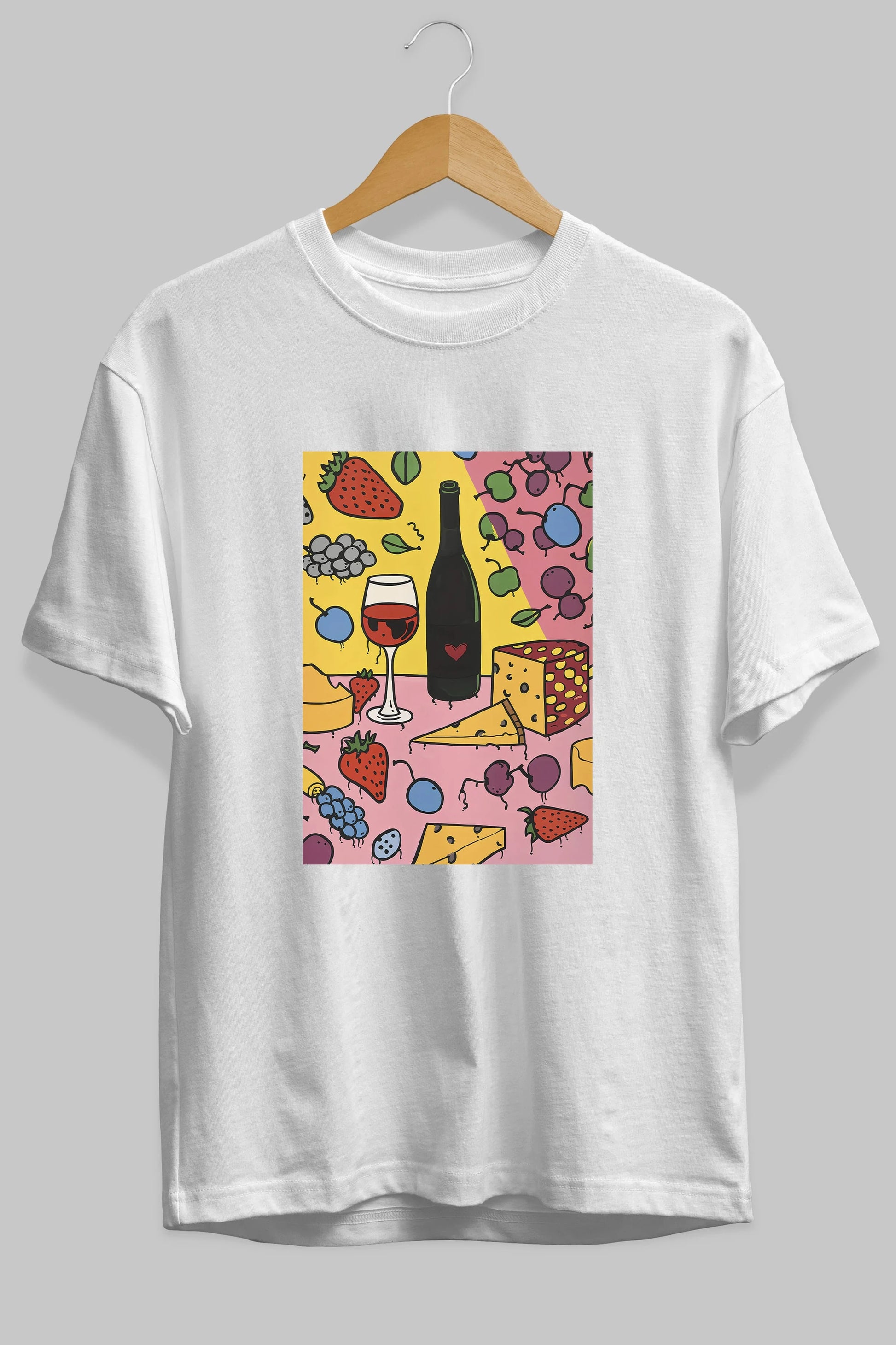 Wine Cheese Fruits Ön Baskılı Oversize t-shirt Erkek Kadın Unisex %100 Pamuk Bisiklet Yaka tişort