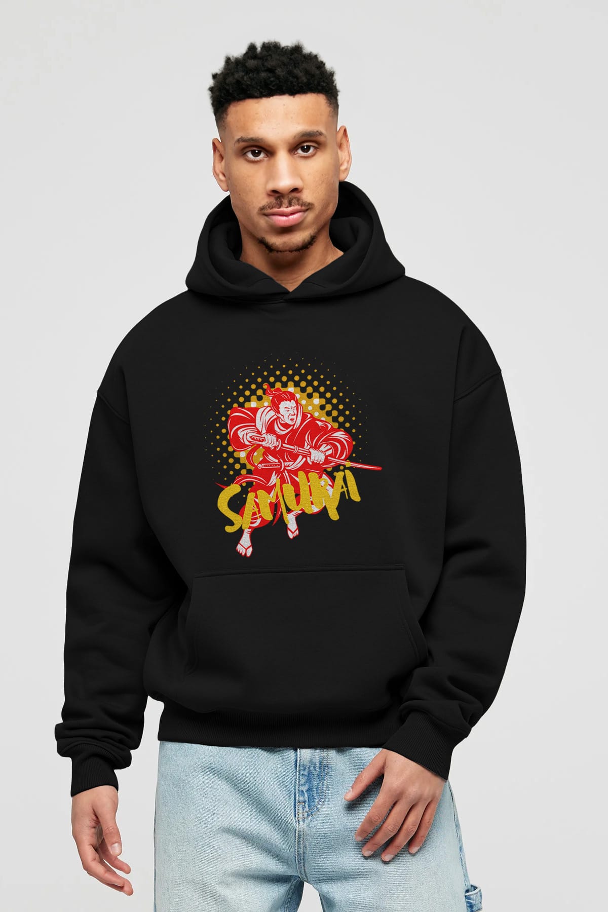Samurai Ön Baskılı Oversize Hoodie Kapüşonlu Sweatshirt Erkek Kadın Unisex