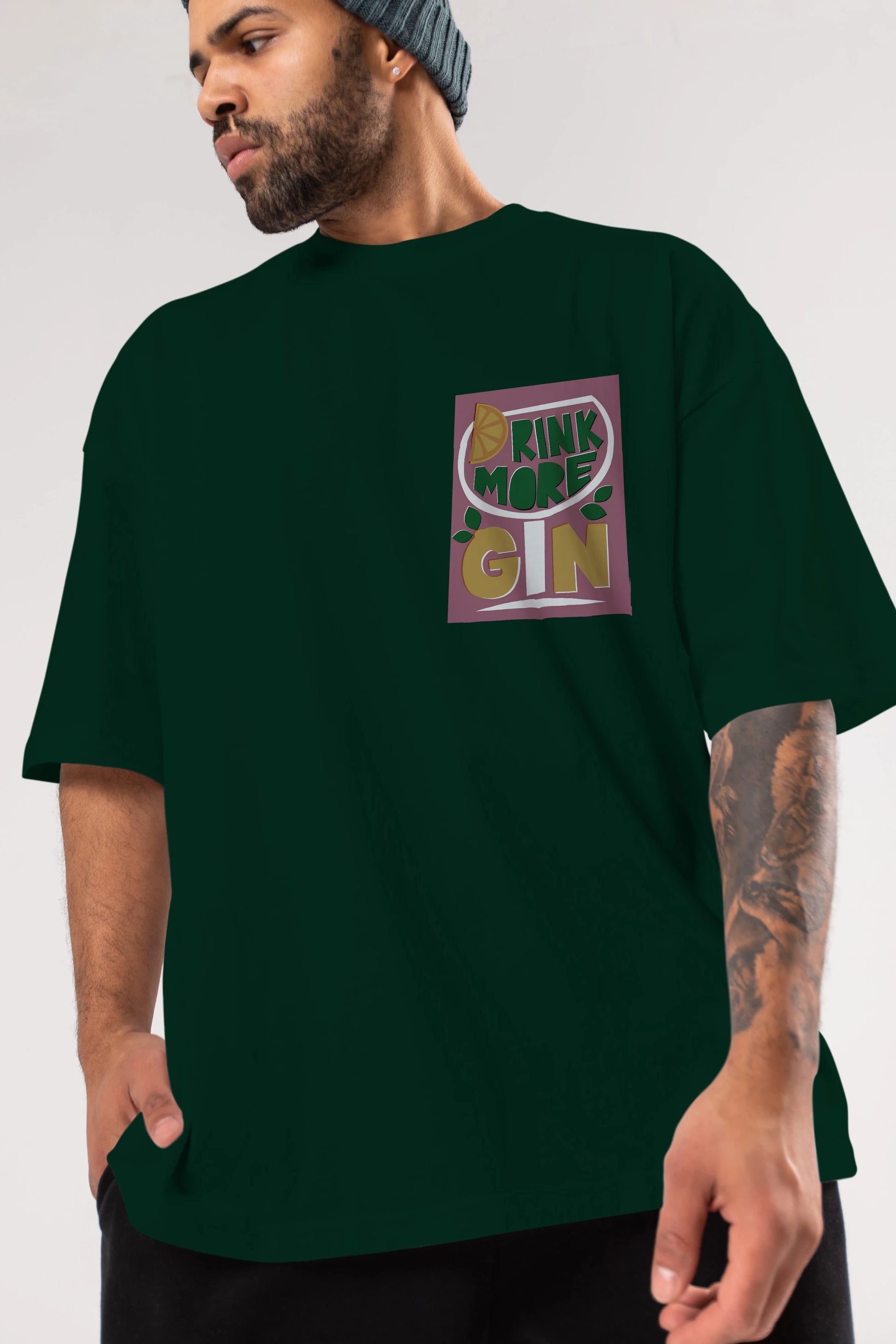 Drink More Gin Ön Sol Baskılı Oversize t-shirt Erkek Kadın Unisex %100 Pamuk Bisiklet Yaka tişort