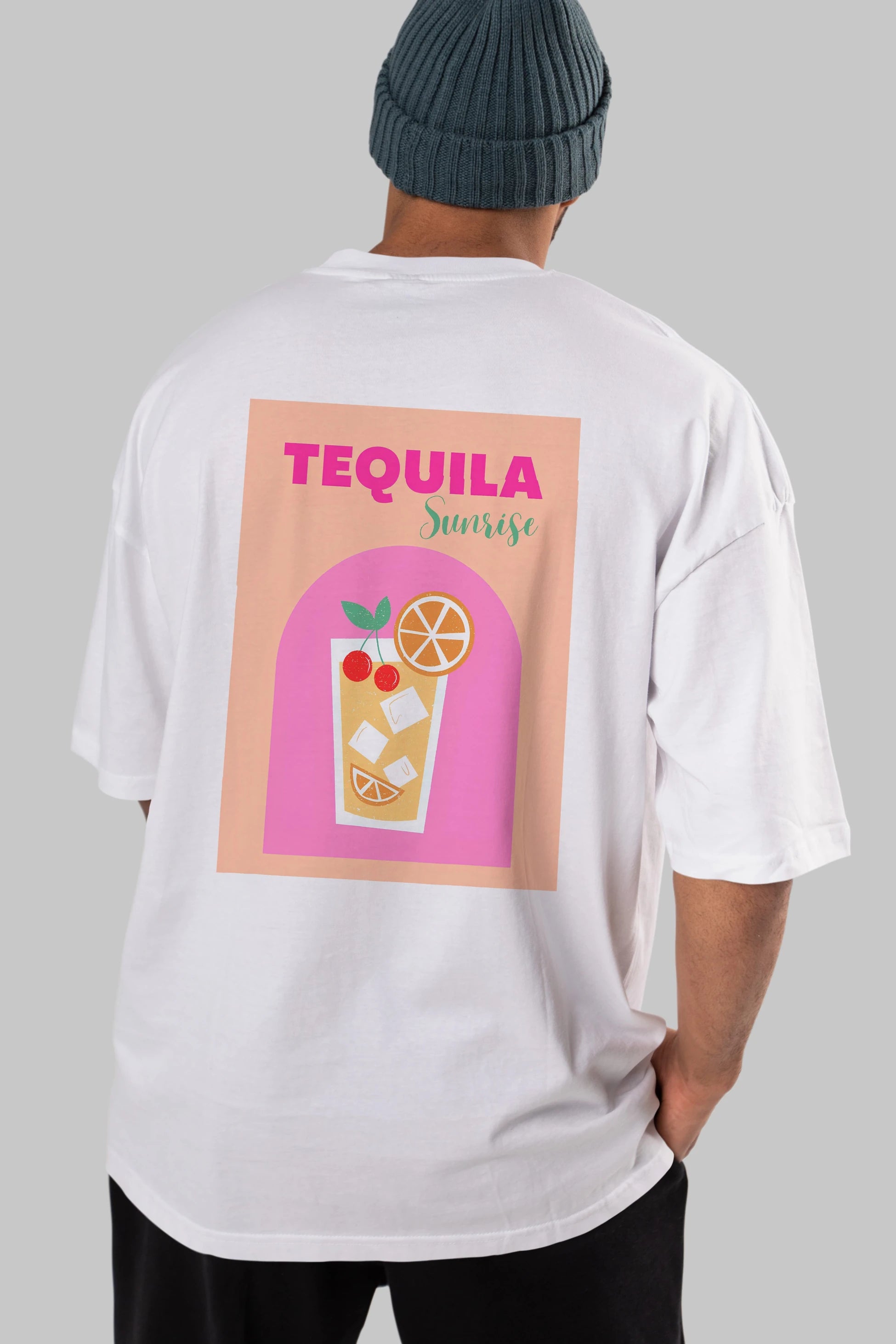 Tequila Sunrise 2 Arka Baskılı Oversize t-shirt Erkek Kadın Unisex %100 Pamuk Bisiklet Yaka tişort