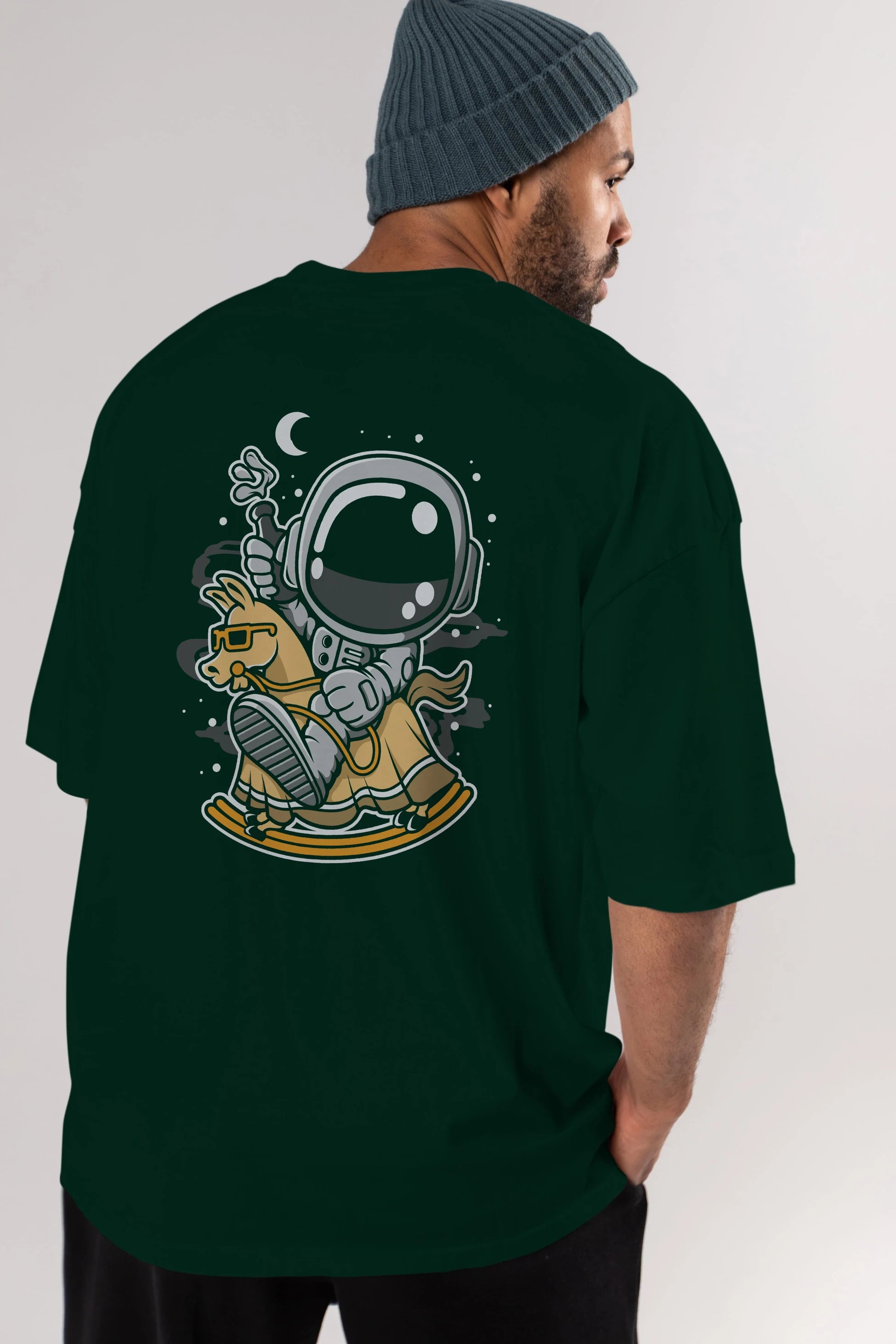 Astronaut RidingToy Horse Arka Baskılı Oversize t-shirt Erkek Kadın Unisex