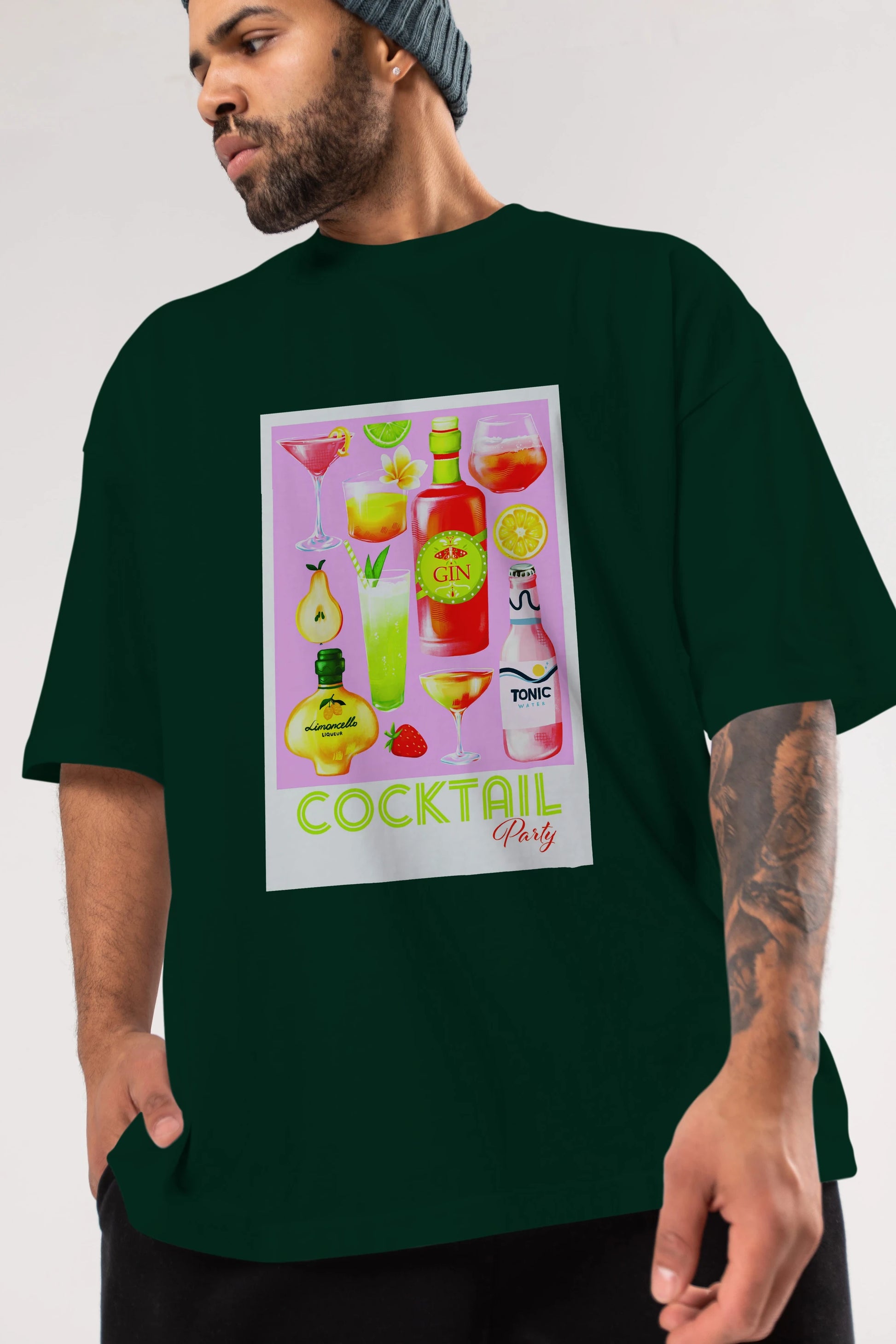 Cocktail Party Ön Baskılı Oversize t-shirt Erkek Kadın Unisex %100 Pamuk Bisiklet Yaka tişort