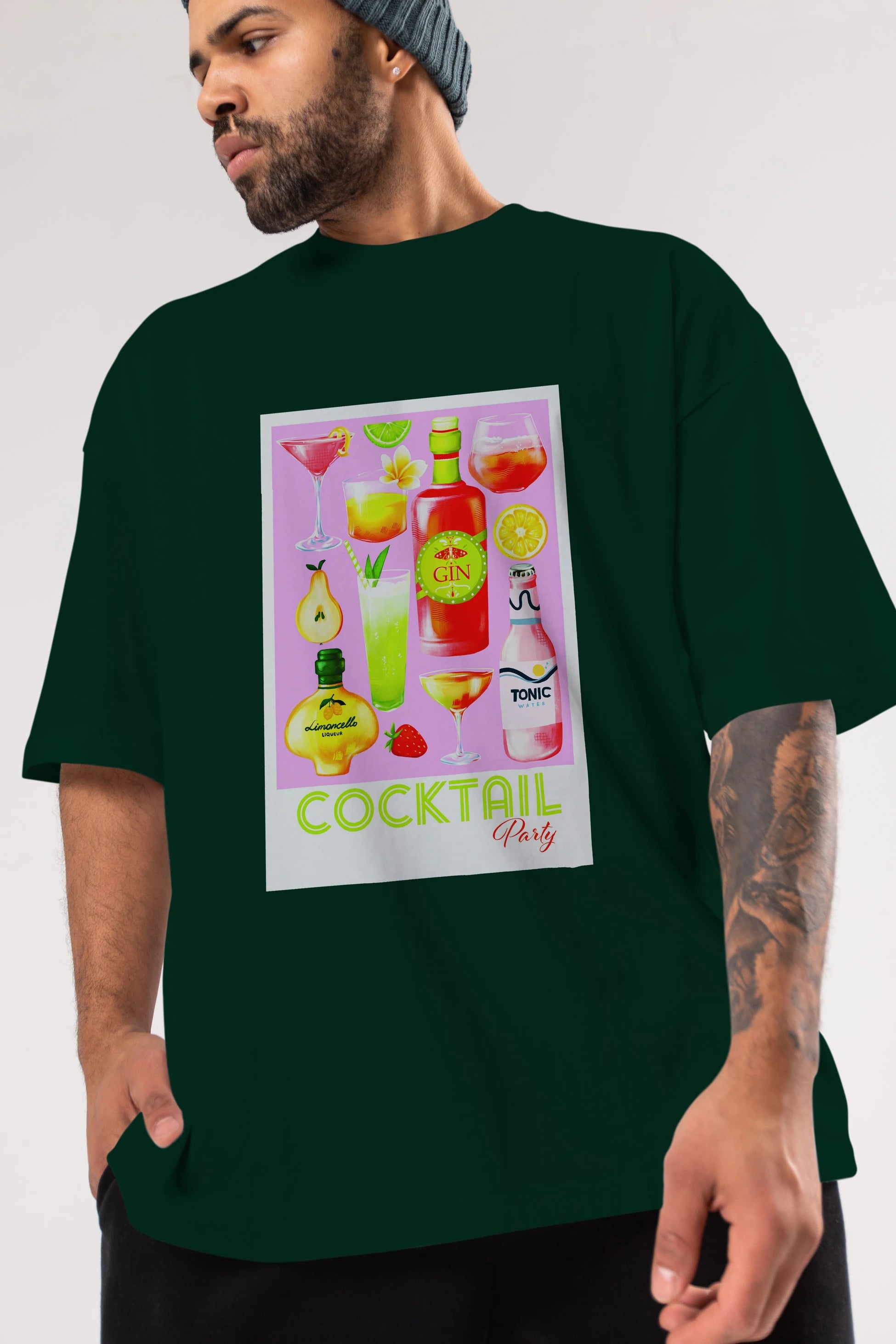 Cocktail Party Ön Baskılı Oversize t-shirt Erkek Kadın Unisex %100 Pamuk Bisiklet Yaka tişort