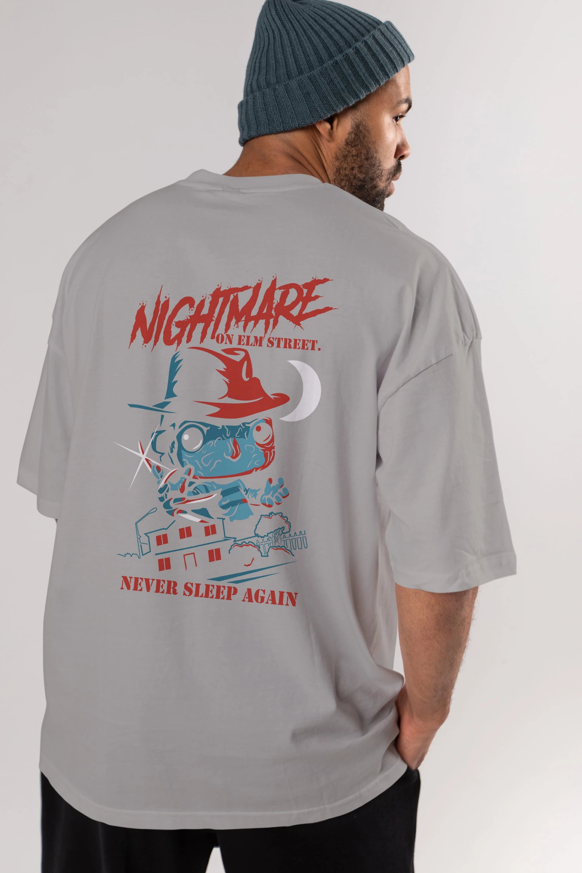 Nightmare Elm Sokağı Arka Baskılı Oversize t-shirt Erkek Kadın Unisex %100 Pamuk Bisiklet Yaka tişort
