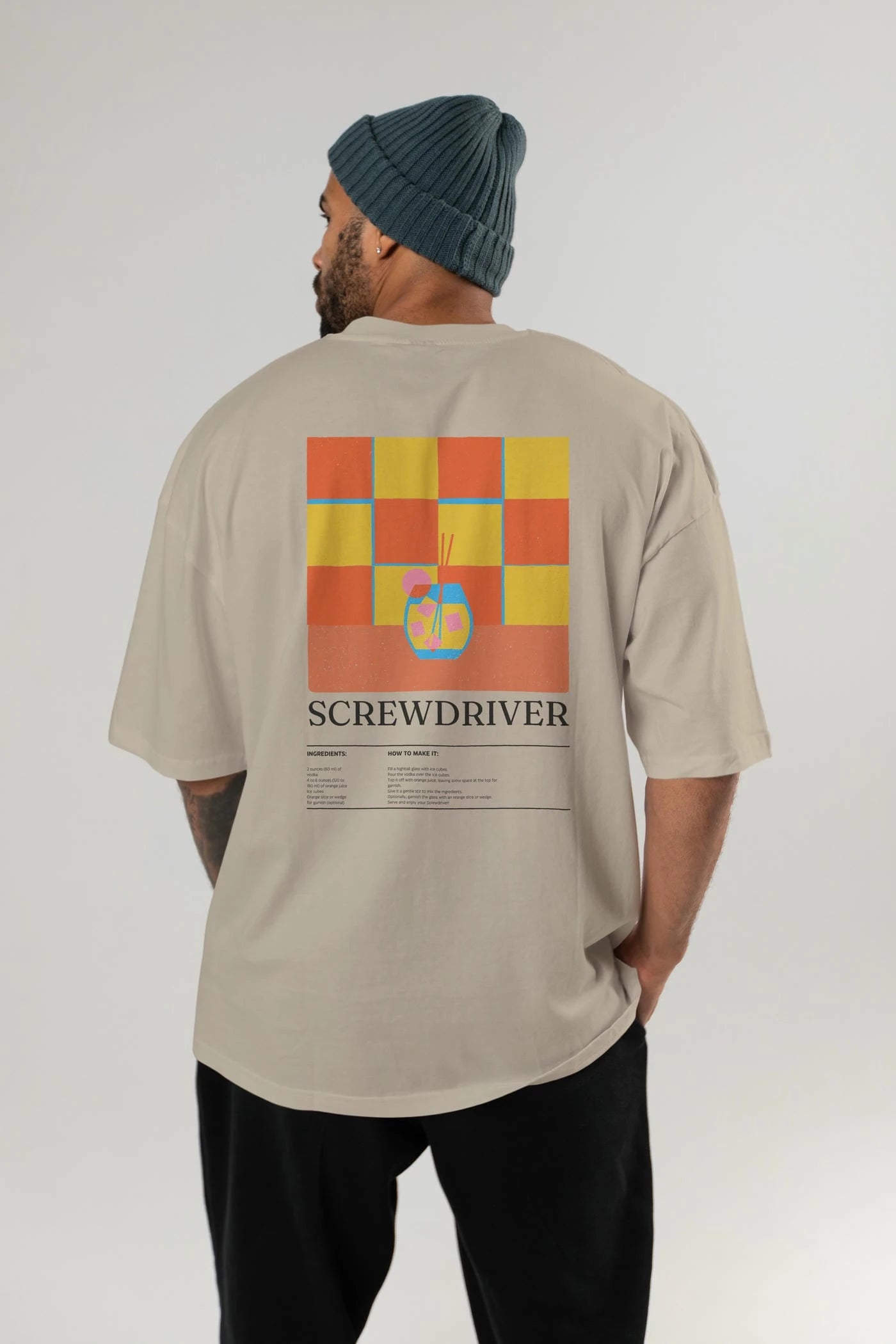 Screwdriver Kokteyl Serisi Arka Baskılı Oversize t-shirt Erkek Kadın %100 Pamuk Bisiklet Yaka tişort