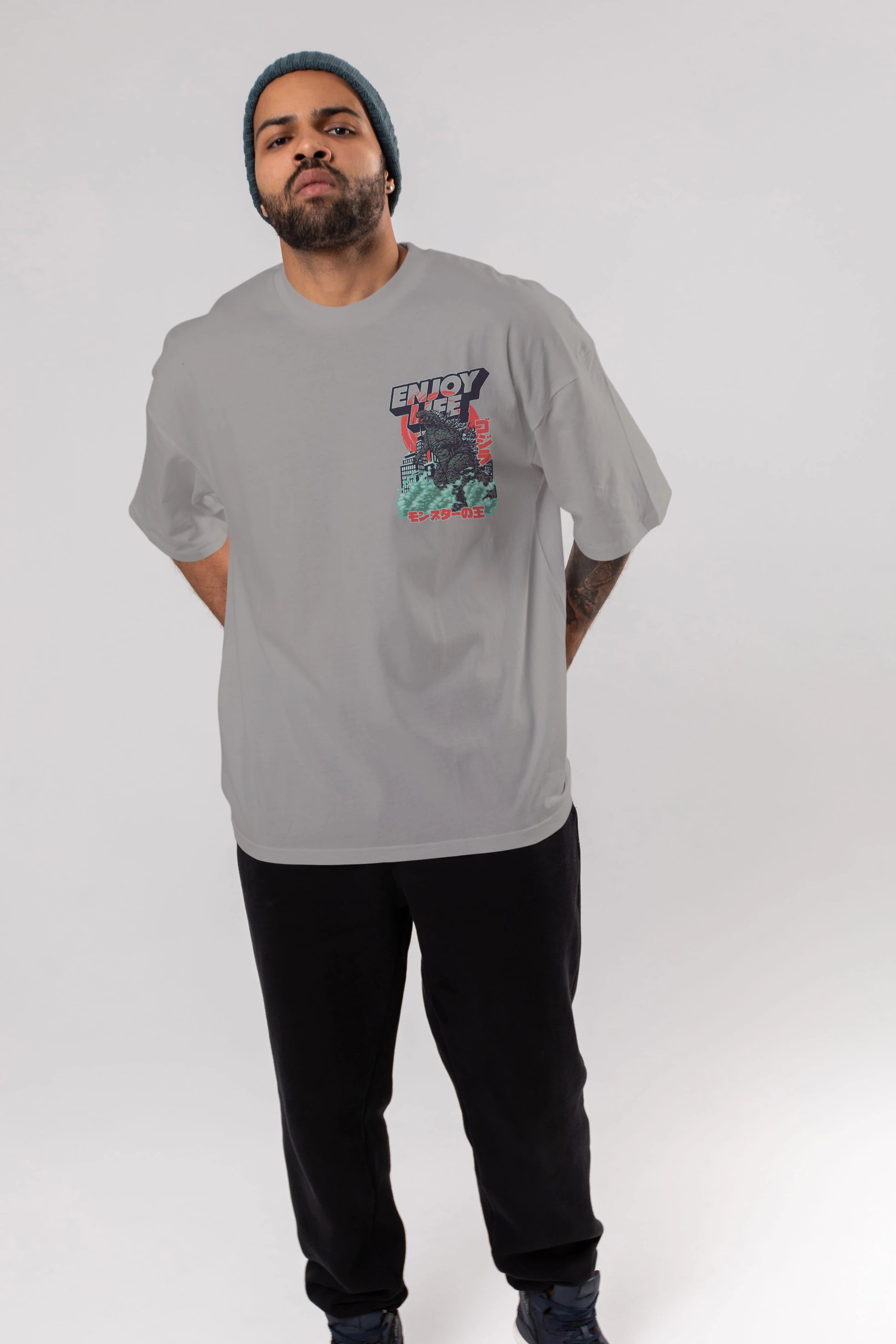 Godzilla Ön Sol Baskılı Oversize t-shirt Erkek Kadın Unisex %100 Pamuk Bisiklet Yaka tişort