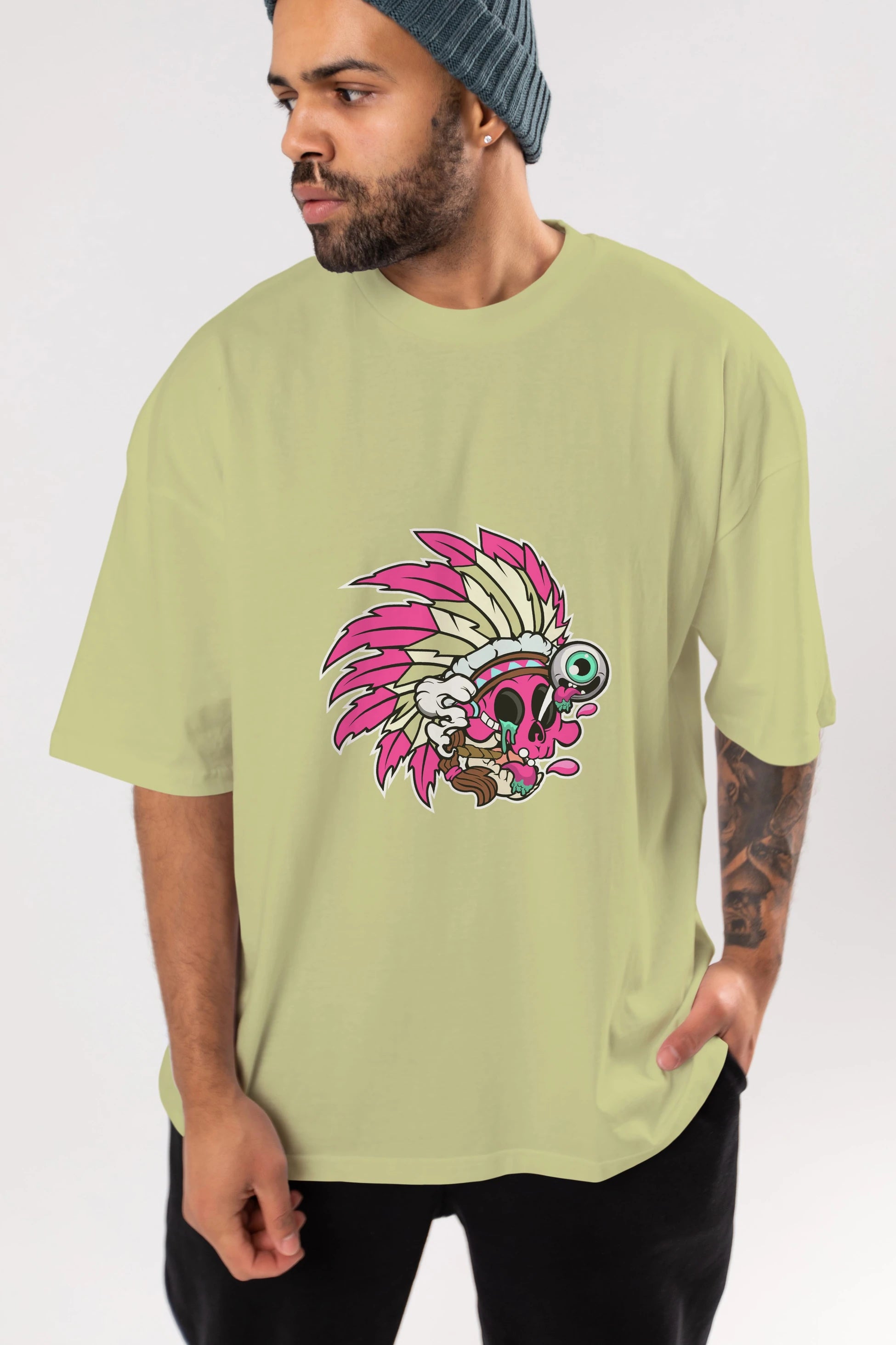Skull Indian Ön Baskılı Oversize t-shirt Erkek Kadın Unisex %100 Pamuk tişort
