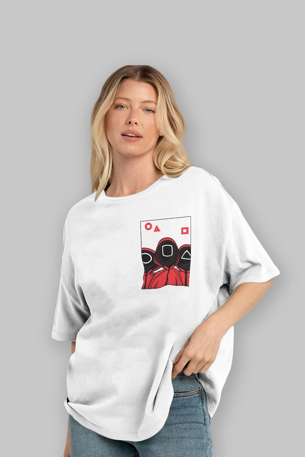 Squid Game (7) Ön Sol Baskılı Oversize t-shirt Erkek Kadın Unisex %100 Pamuk Bisiklet Yaka tişort