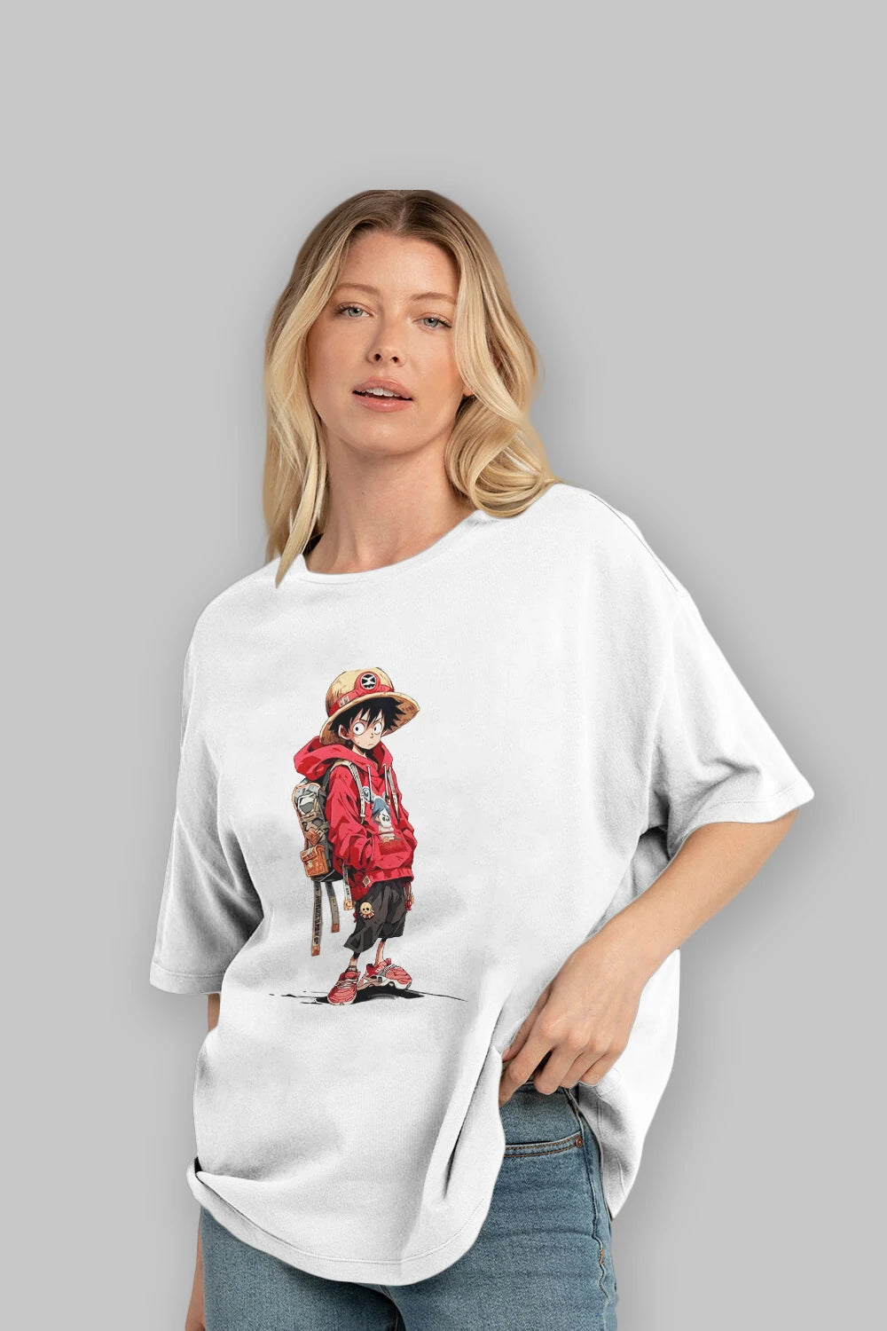 One Piece Ön Baskılı Oversize t-shirt Erkek Kadın Unisex %100 Pamuk Bisiklet Yaka tişort