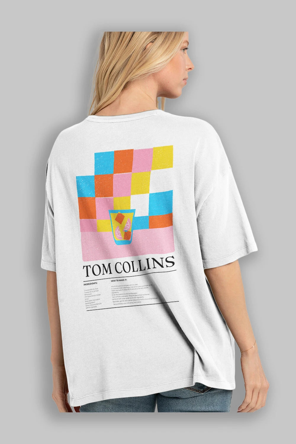 Tom Collins Kokteyl Serisi Arka Baskılı Oversize t-shirt Erkek Kadın %100 Pamuk Bisiklet Yaka tişort