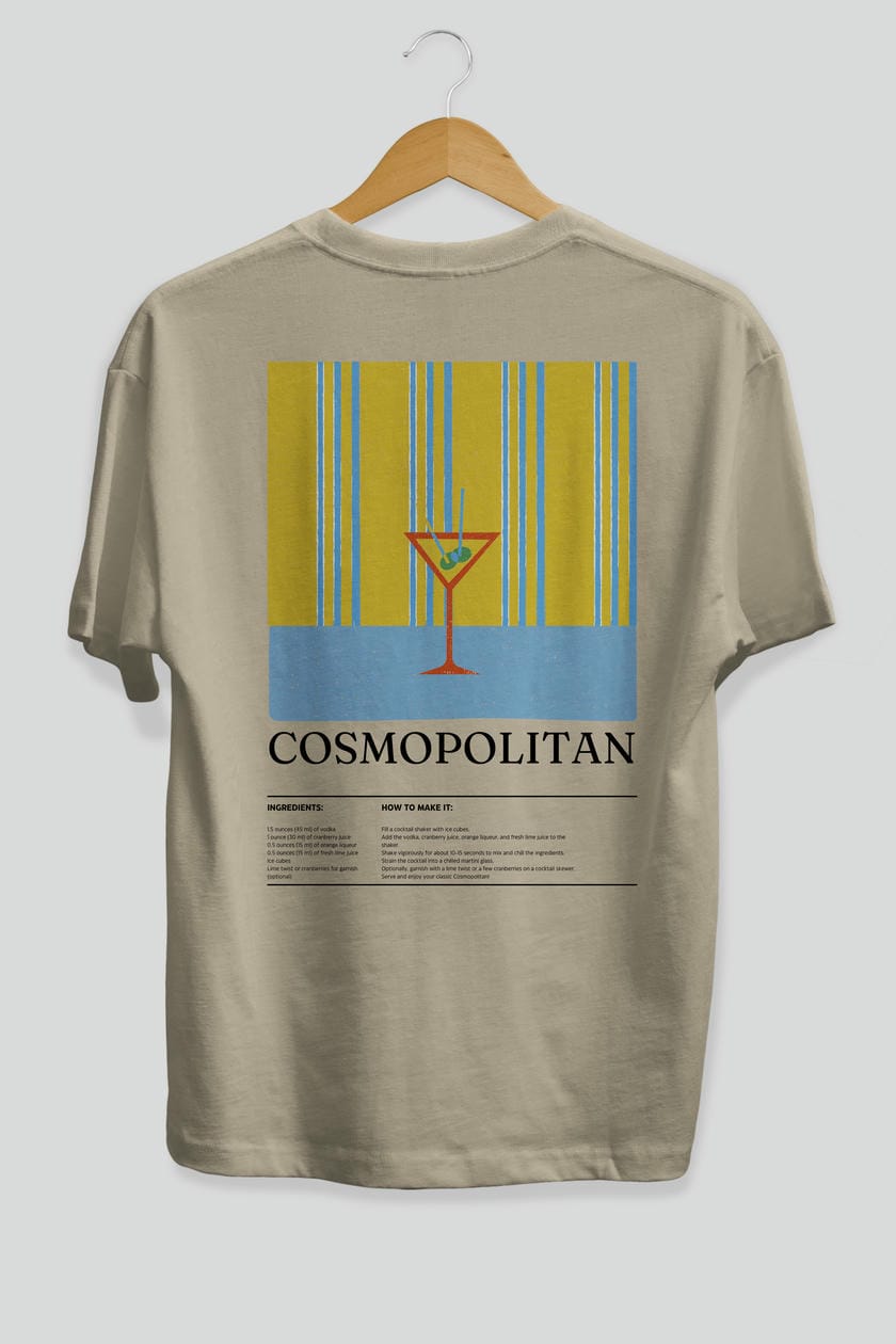 Cosmopolitan Kokteyl Serisi Arka Baskılı Oversize t-shirt Erkek Kadın %100 Pamuk Bisiklet Yaka tişort