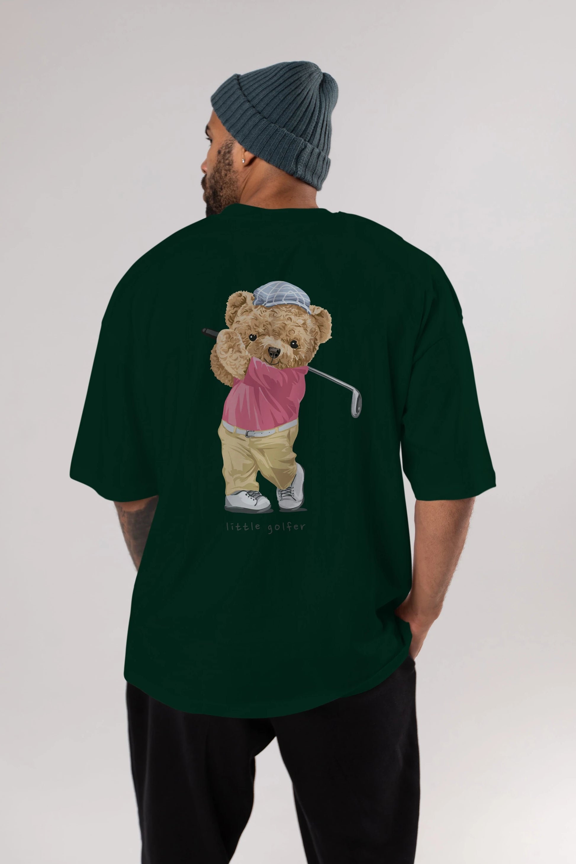 Teddy Bear Little Golfer Arka Baskılı Oversize t-shirt Erkek Kadın Unisex %100 Pamuk