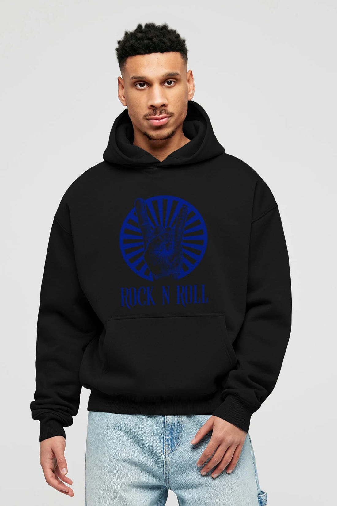 Rock N Roll Yazılı Ön Baskılı Oversize Hoodie Kapüşonlu Sweatshirt Erkek Kadın Unisex