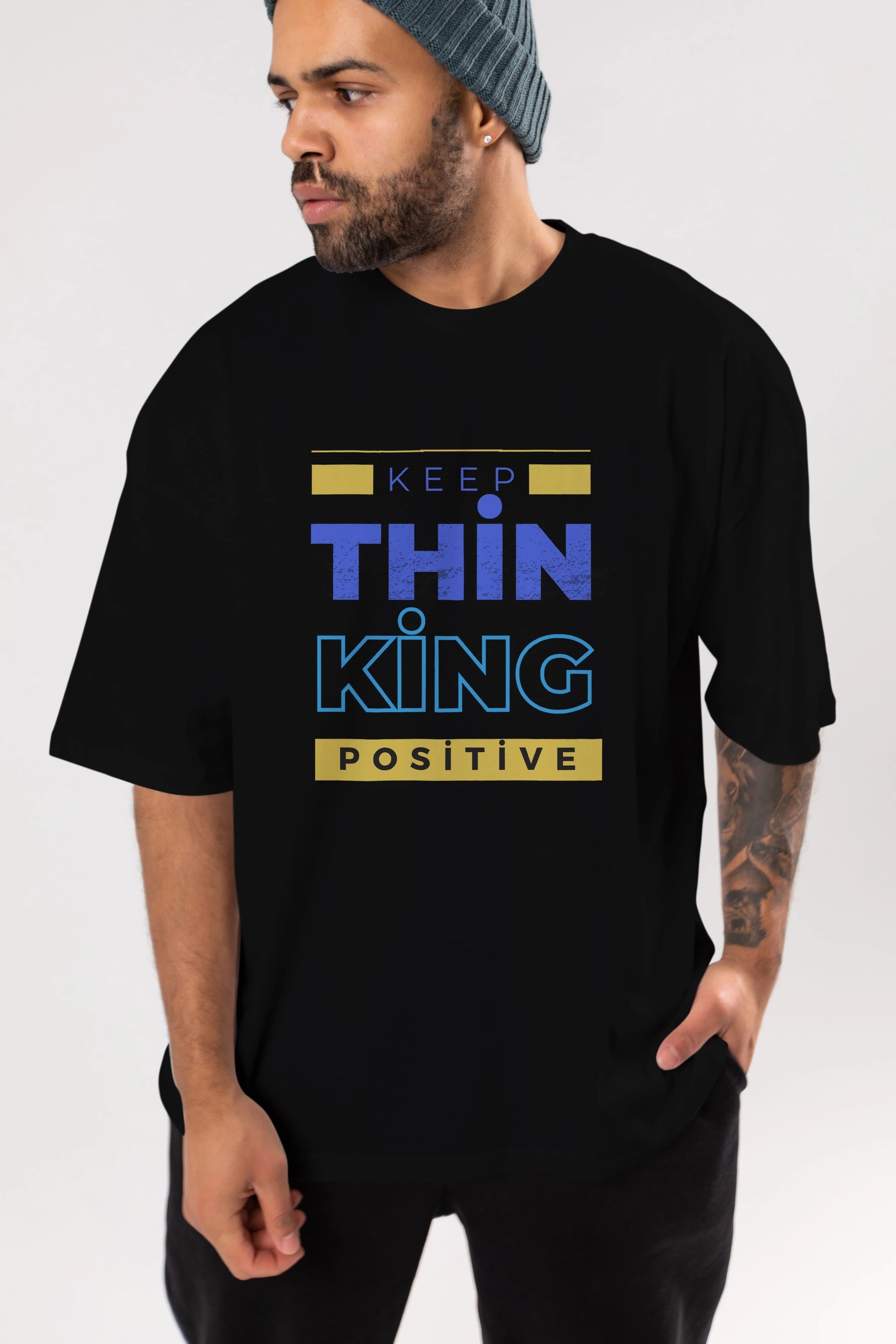 Keep Thinking Positive Yazılı Ön Baskılı Oversize t-shirt Erkek Kadın Unisex