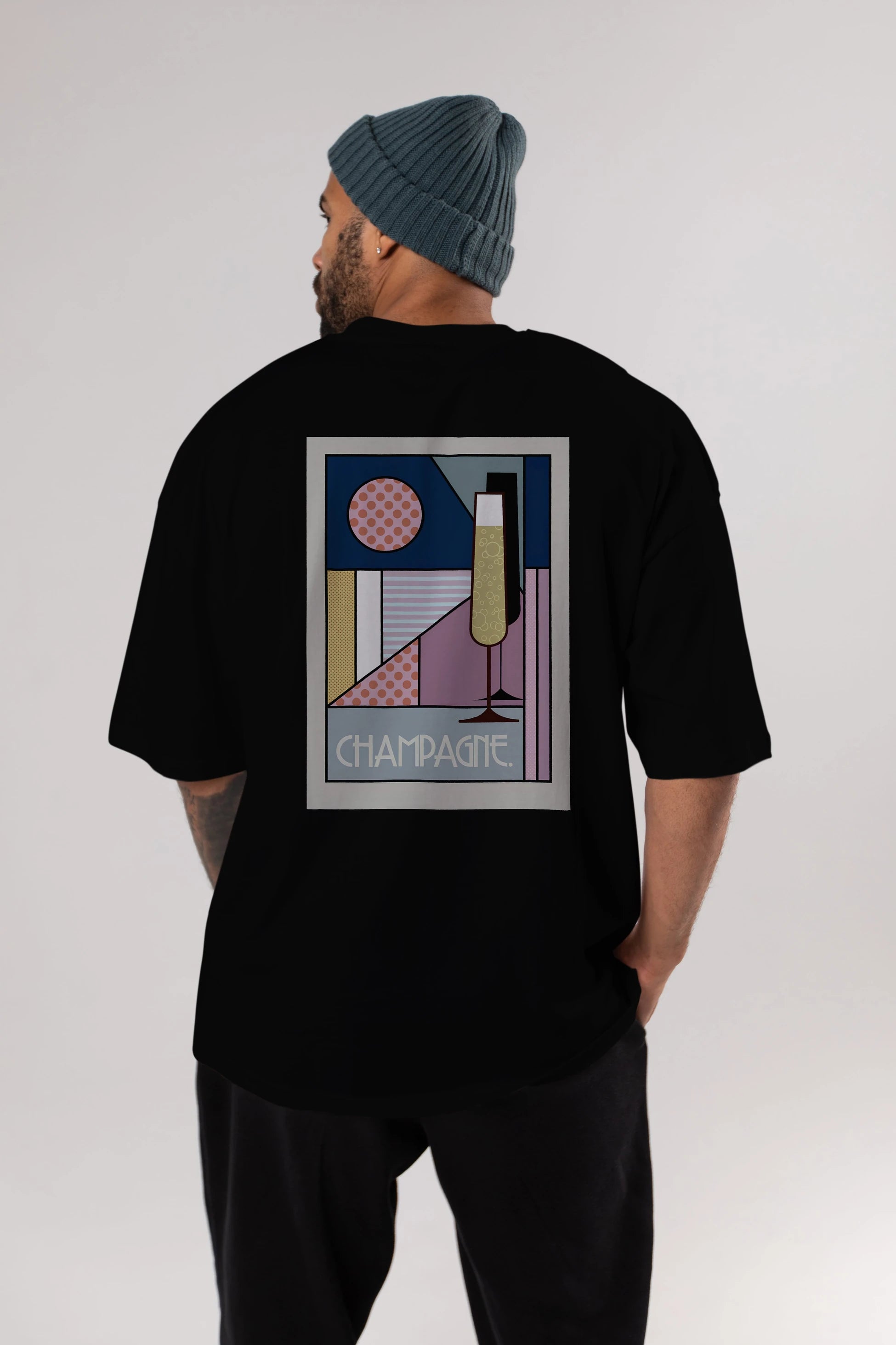 Champagne Arka Baskılı Oversize t-shirt Erkek Kadın Unisex %100 Pamuk Bisiklet Yaka tişort
