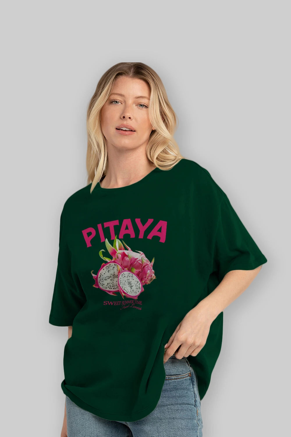 Pitaya Ön Baskılı Oversize t-shirt Erkek Kadın Pamuk Bisiklet Yaka tişort