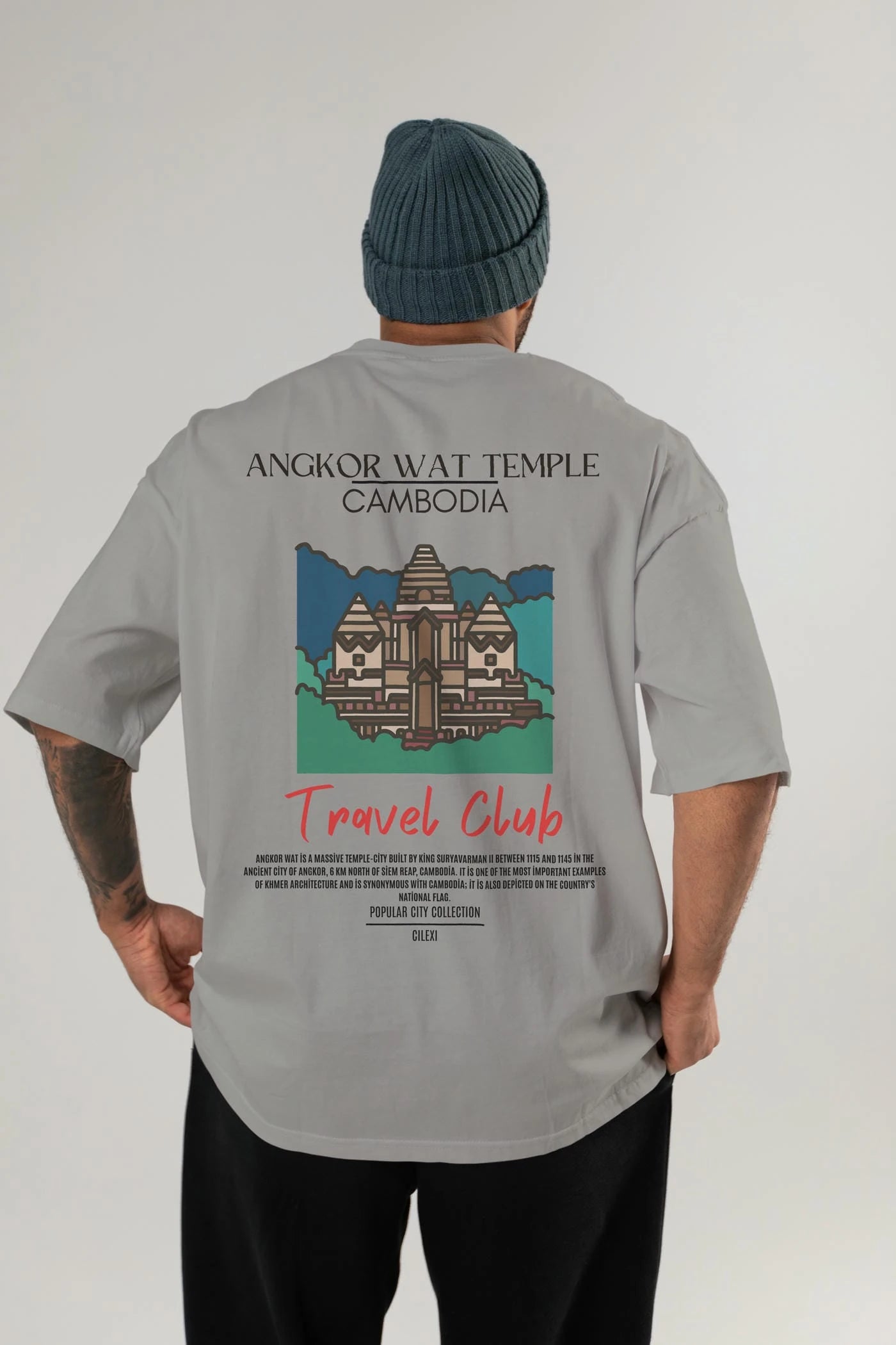 Angkor Wat Temple Cambodia Arka Baskılı Oversize t-shirt Erkek Kadın Pamuk Bisiklet Yaka tişort