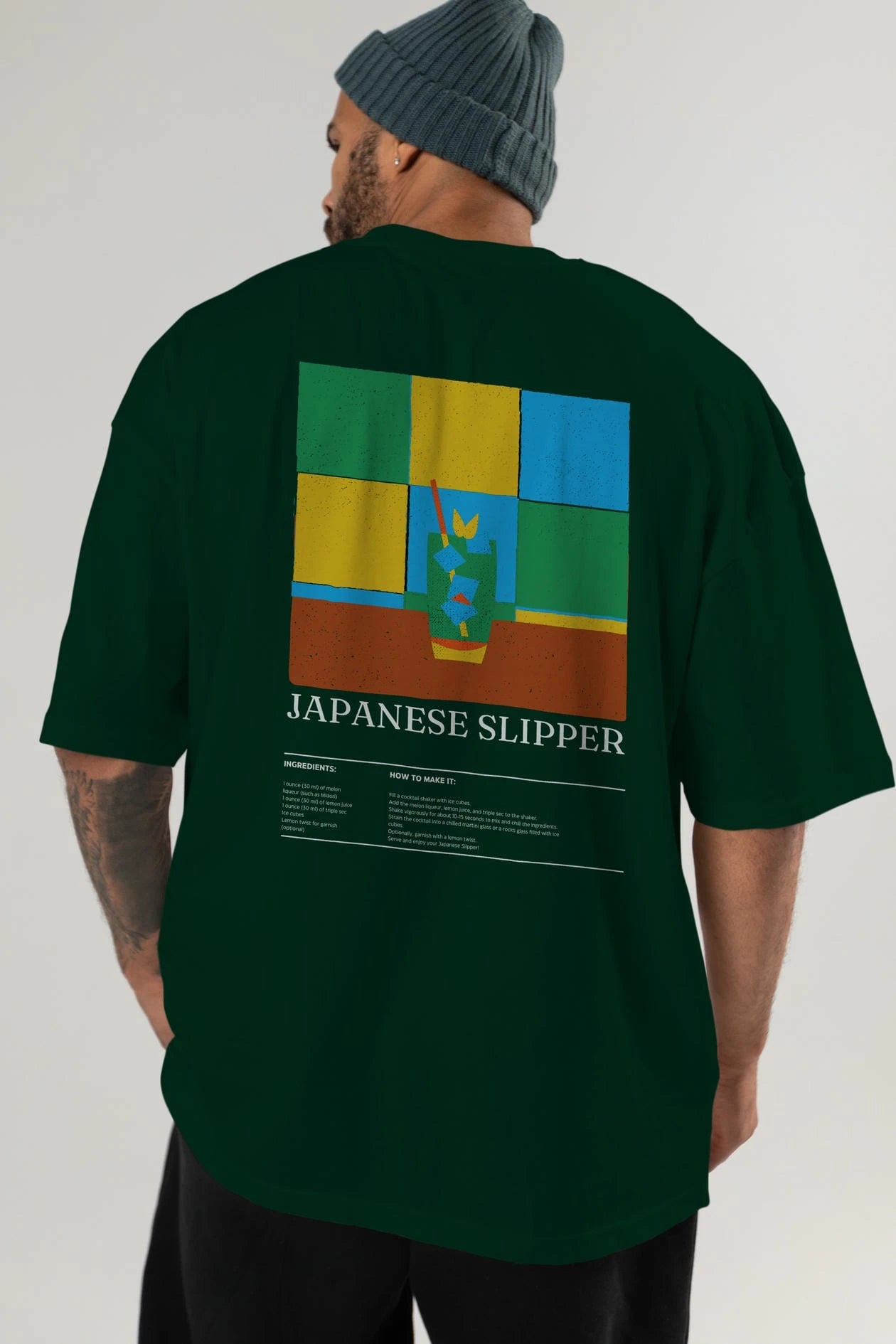 Japanese Slipper Kokteyl Serisi Arka Baskılı Oversize t-shirt Erkek Kadın %100 Pamuk Bisiklet Yaka tişort