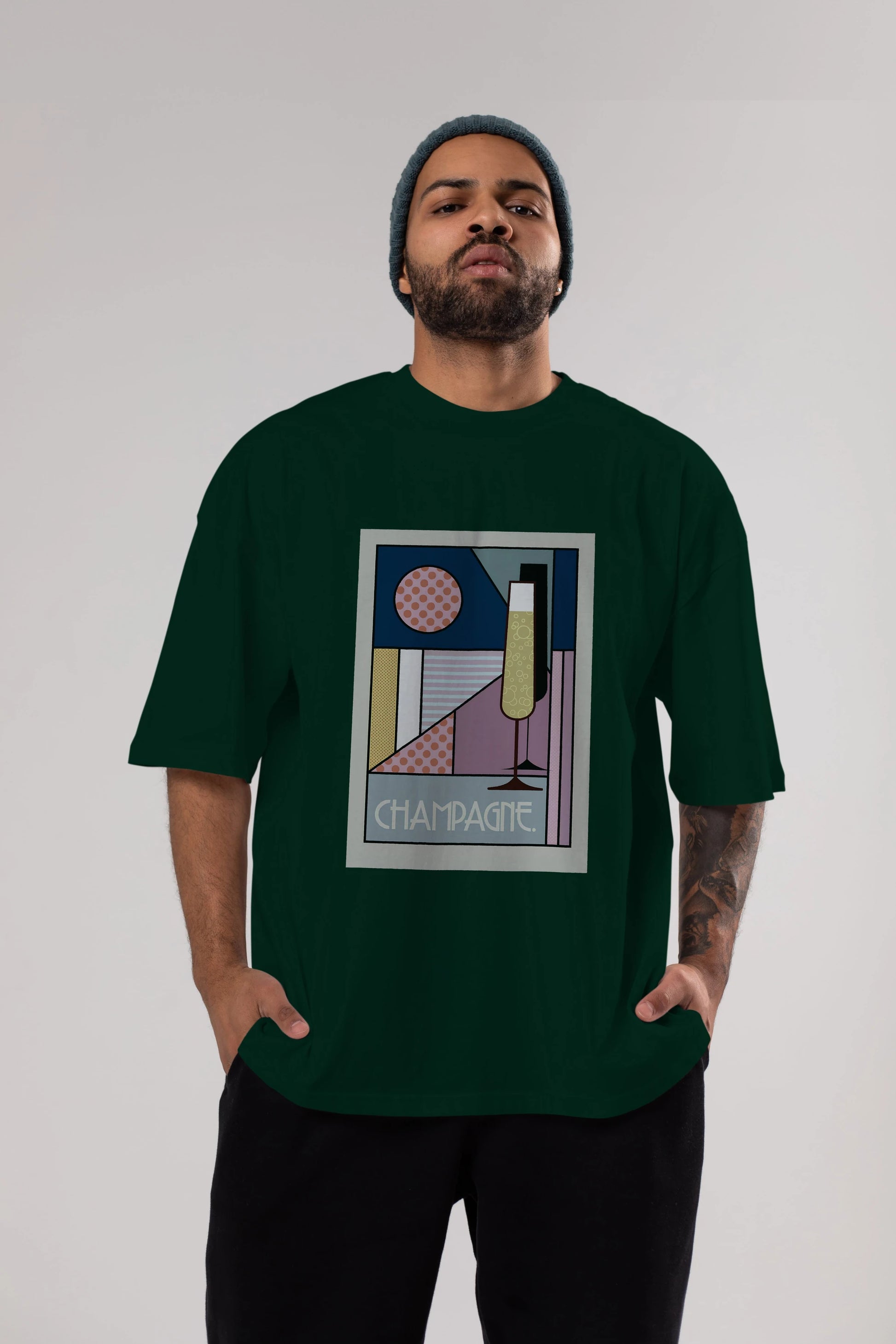 Champagne Ön Baskılı Oversize t-shirt Erkek Kadın Unisex %100 Pamuk Bisiklet Yaka tişort