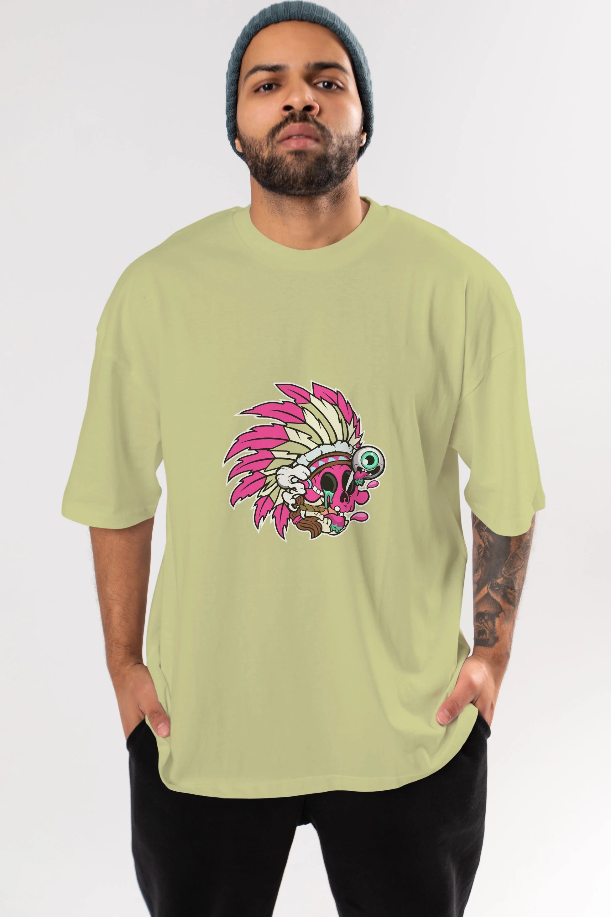 Skull Indian Ön Baskılı Oversize t-shirt Erkek Kadın Unisex %100 Pamuk tişort