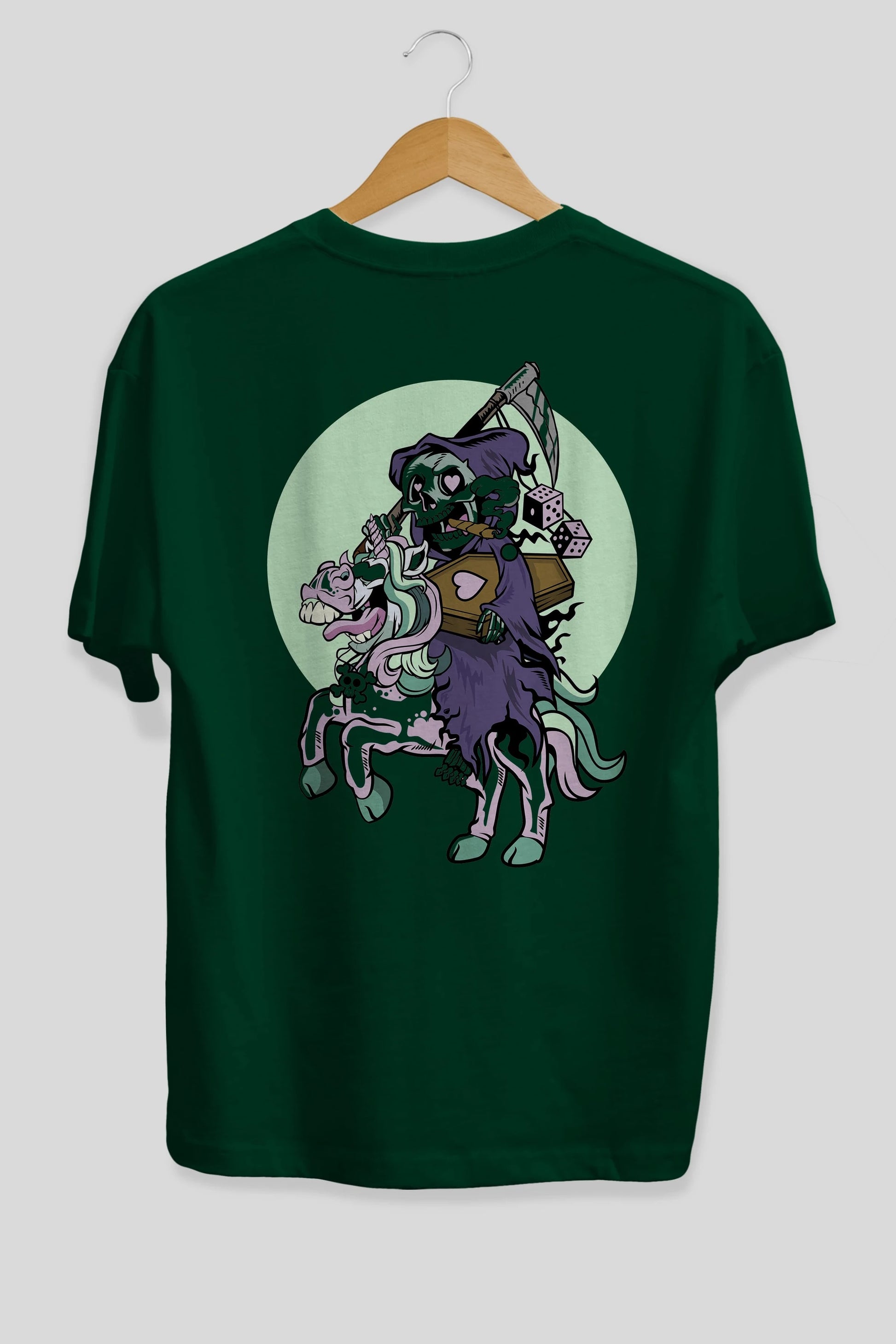 Grim Reaper Riding Unicorn Arka Baskılı Oversize t-shirt Erkek Kadın Unisex %100 Pamuk tişort