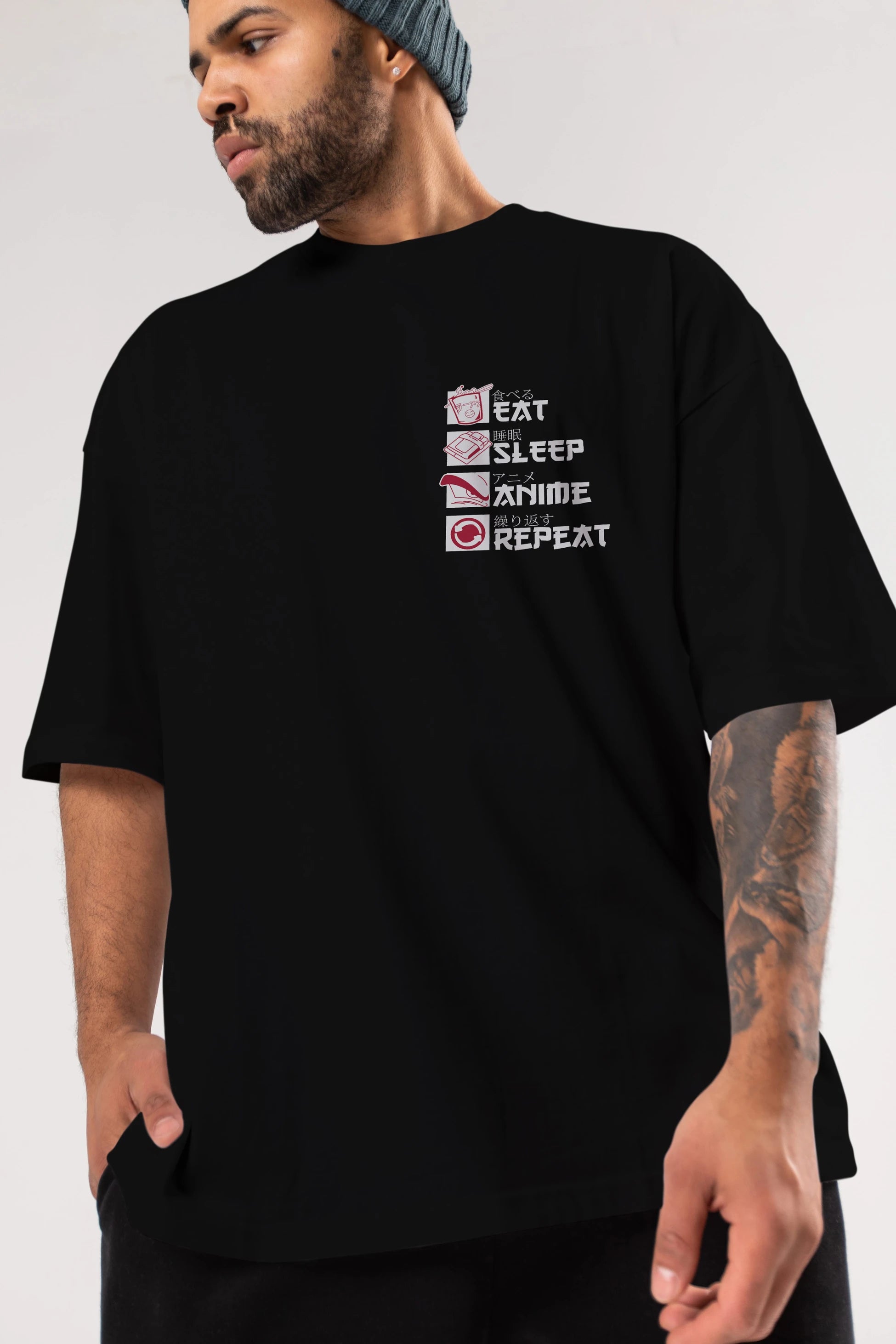 Eat, Sleep, Anime, Repeat Ön Sol Baskılı Oversize t-shirt Erkek Kadın Unisex %100 Pamuk Bisiklet Yaka tişort