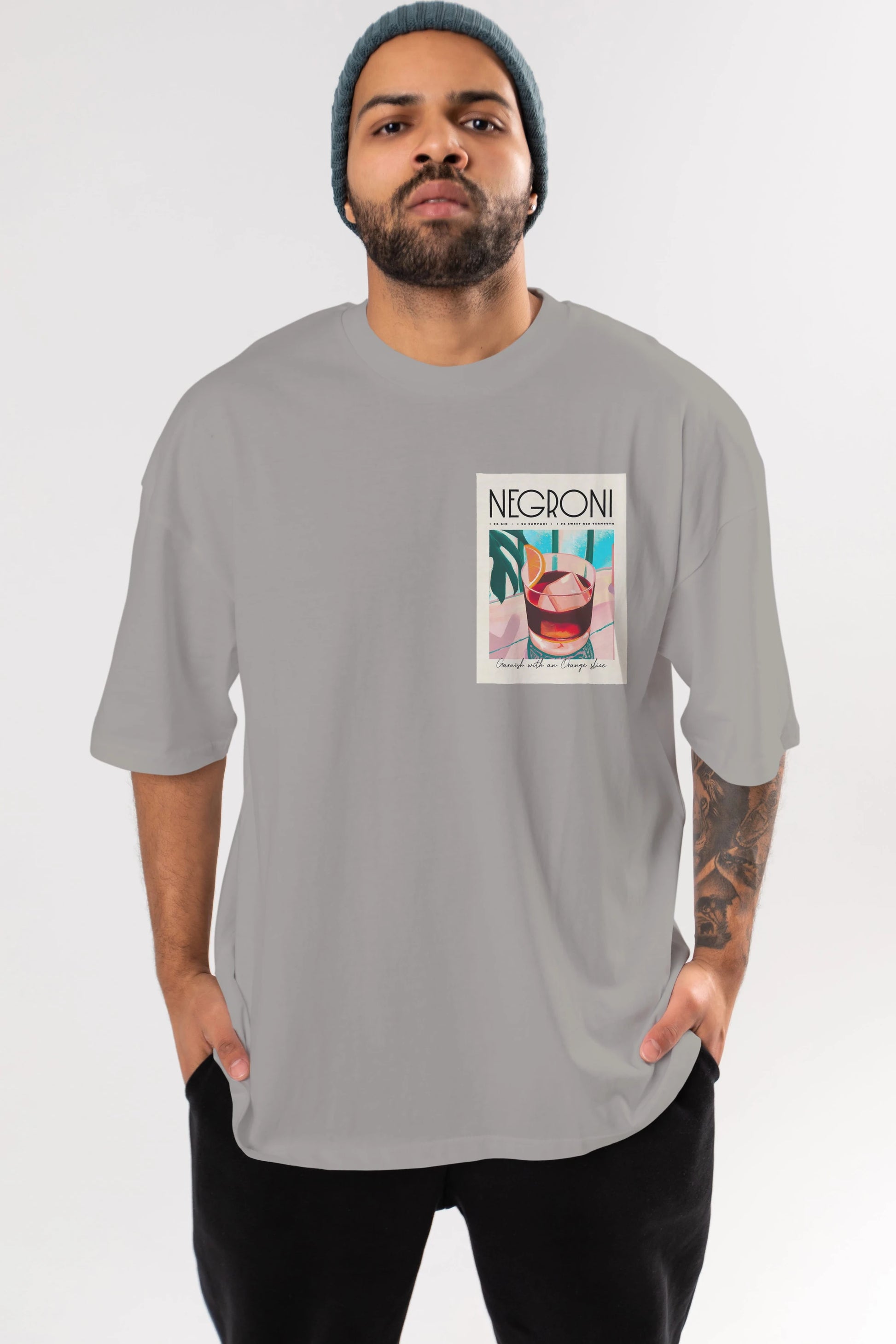 Negroni 4 Ön Sol Baskılı Oversize t-shirt Erkek Kadın Unisex %100 Pamuk Bisiklet Yaka tişort