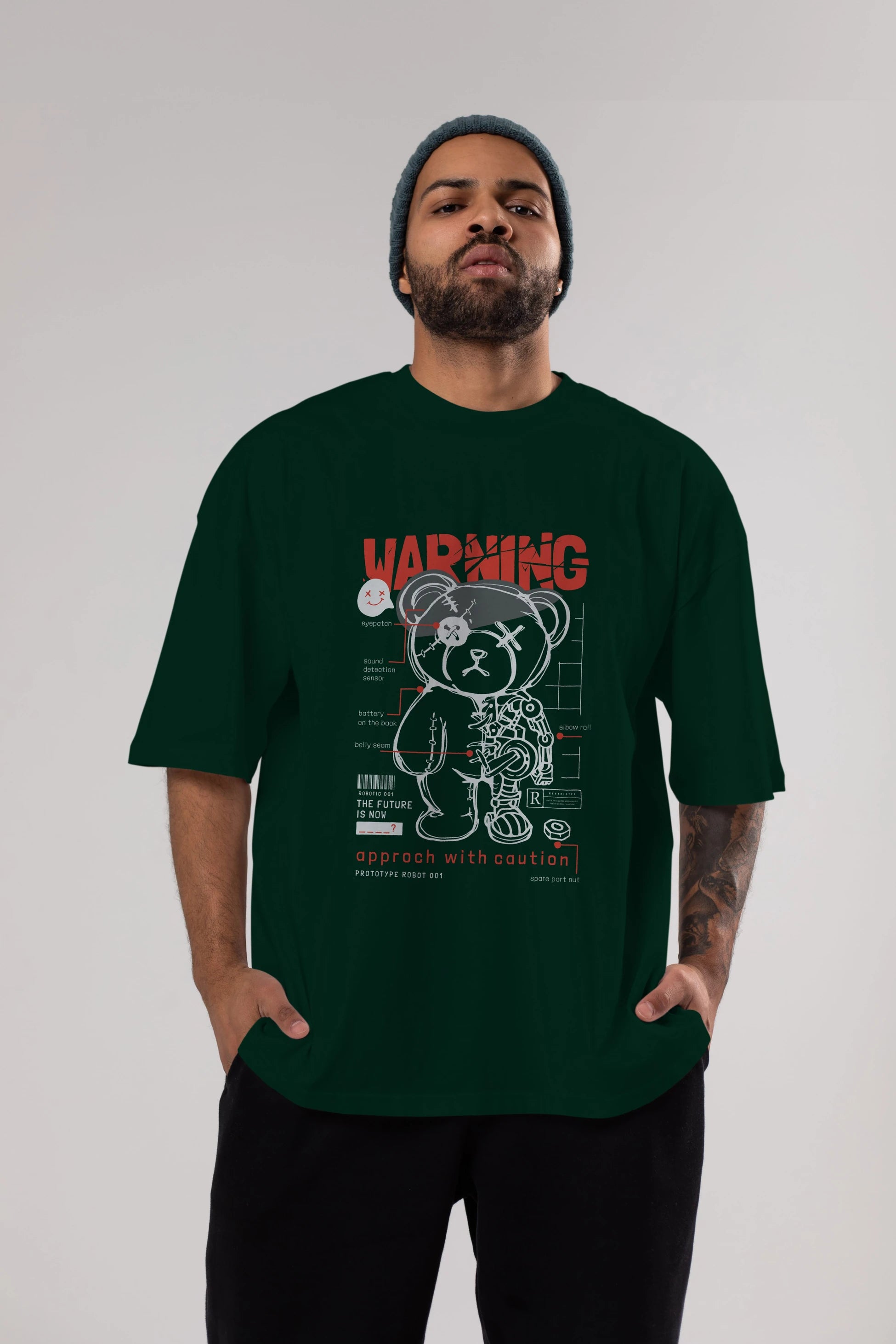 Teddy Bear Warning Ön Baskılı Oversize t-shirt Erkek Kadın Unisex