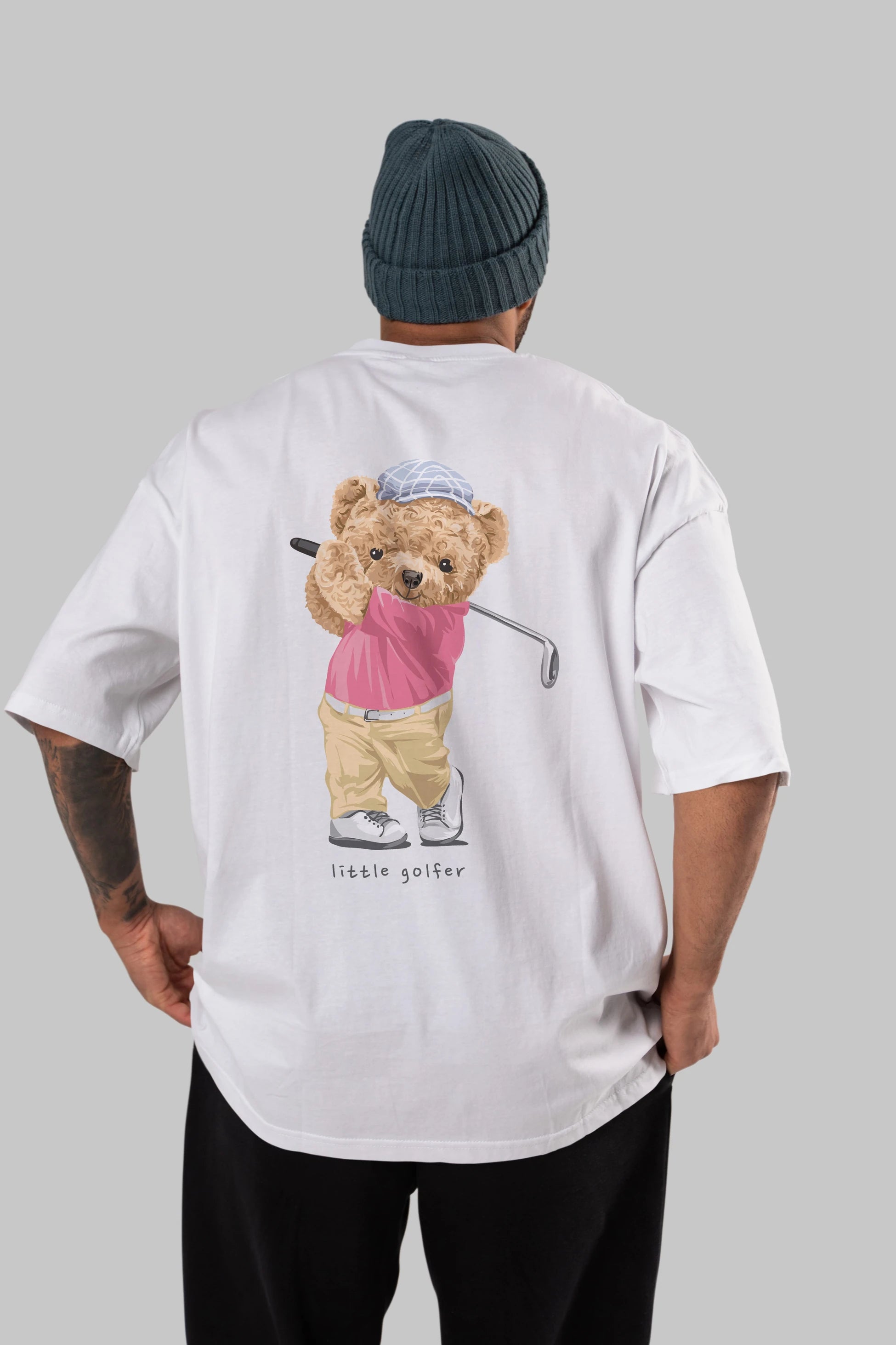 Teddy Bear Little Golfer Arka Baskılı Oversize t-shirt Erkek Kadın Unisex %100 Pamuk