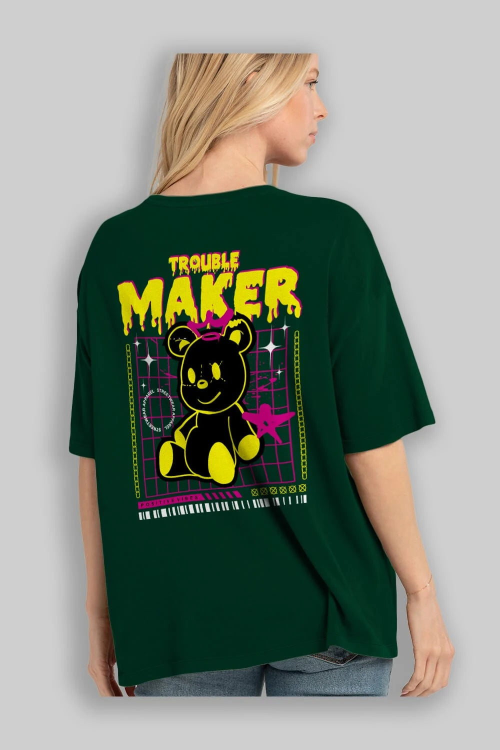 Teddy Bear Trouble Maker Arka Baskılı Oversize t-shirt Erkek Kadın Unisex