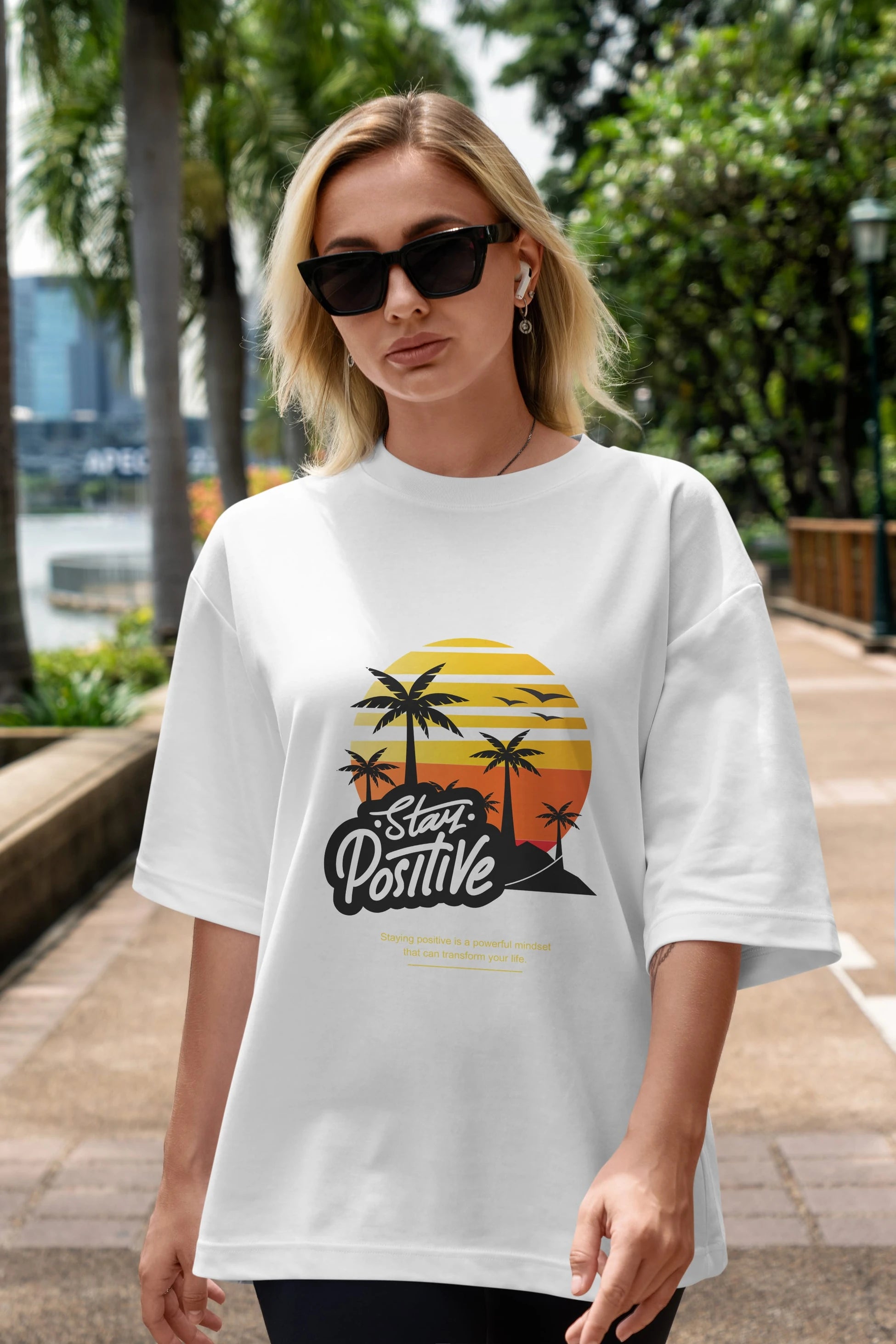 Stay Positive Yazılı Ön Baskılı Oversize t-shirt Erkek Kadın Unisex