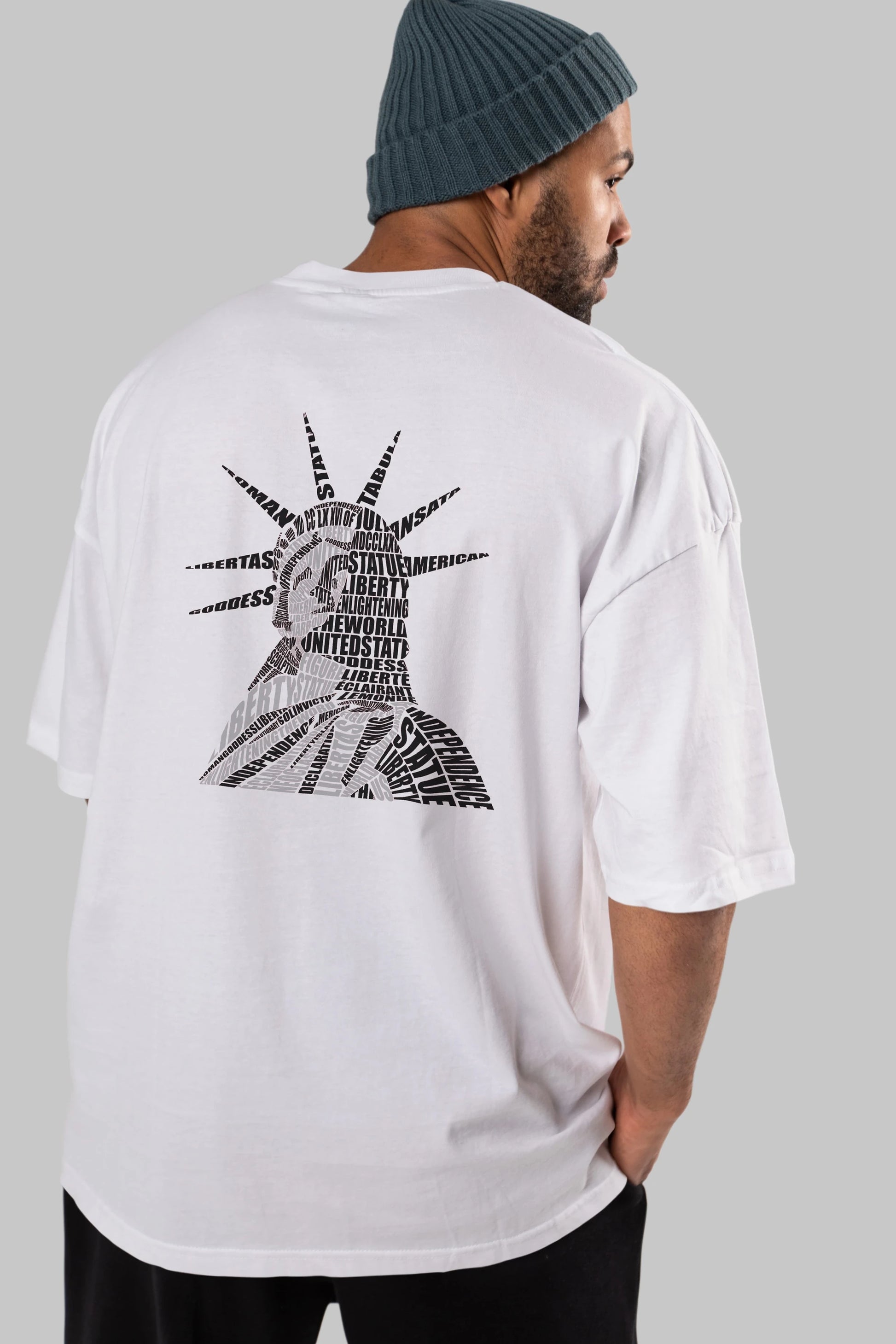 Liberty Statue Calligram Arka Baskılı Oversize t-shirt %100 pamuk Erkek Kadın Unisex