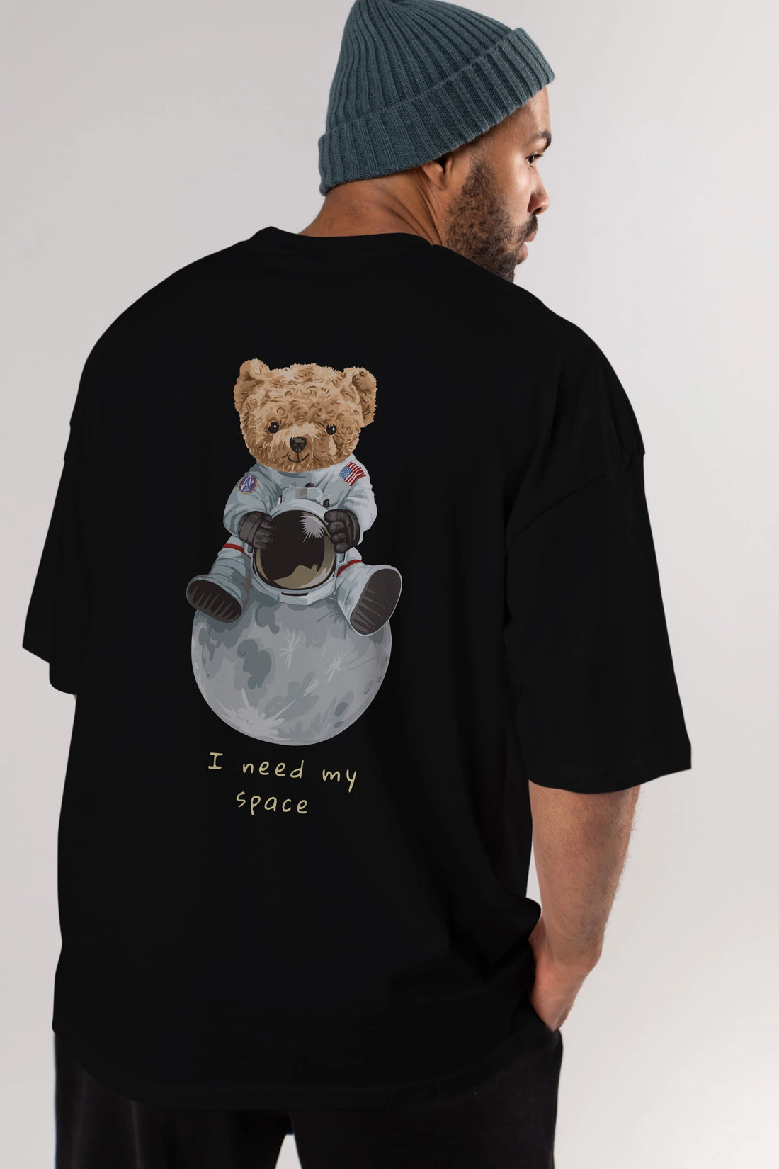 Teddy Bear I Need My Space Arka Baskılı Oversize t-shirt Erkek Kadın Unisex %100 Pamuk