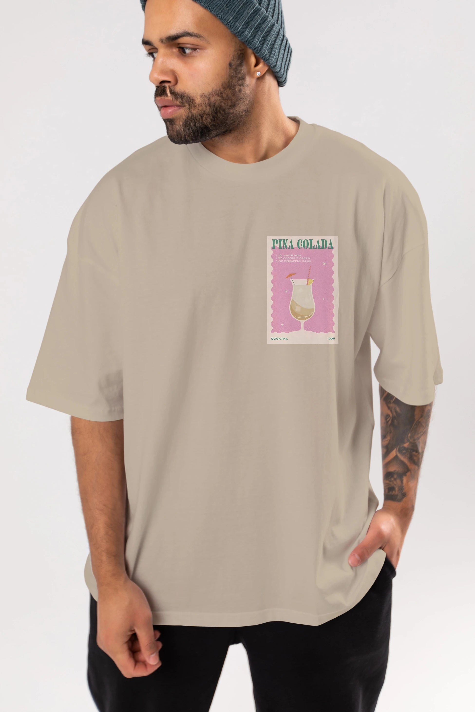 Pina Colada 3 Ön Sol Baskılı Oversize t-shirt Erkek Kadın Unisex %100 Pamuk Bisiklet Yaka tişort