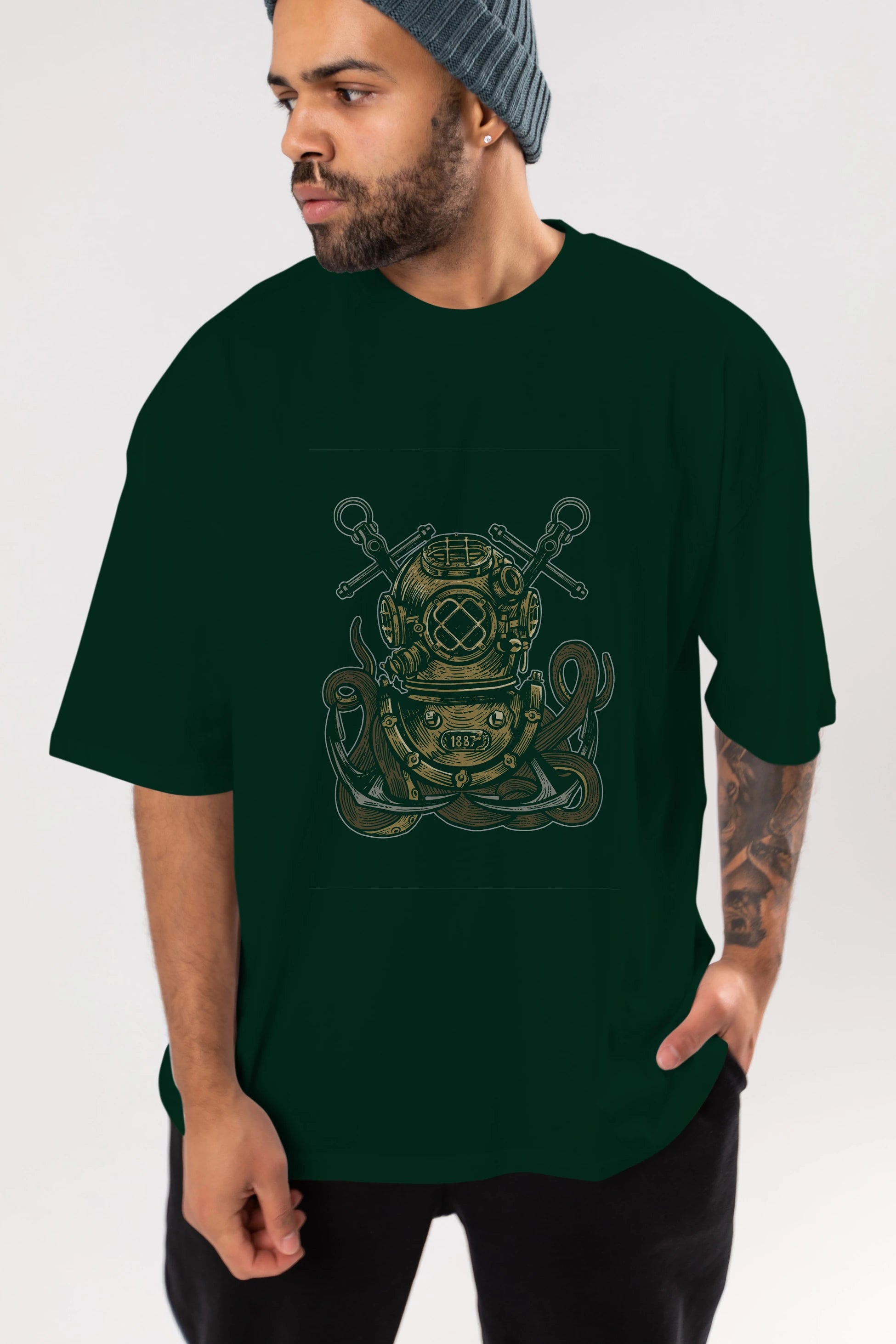 Diver Octopus Ön Baskılı Oversize t-shirt Erkek Kadın Unisex %100 Pamuk tişort