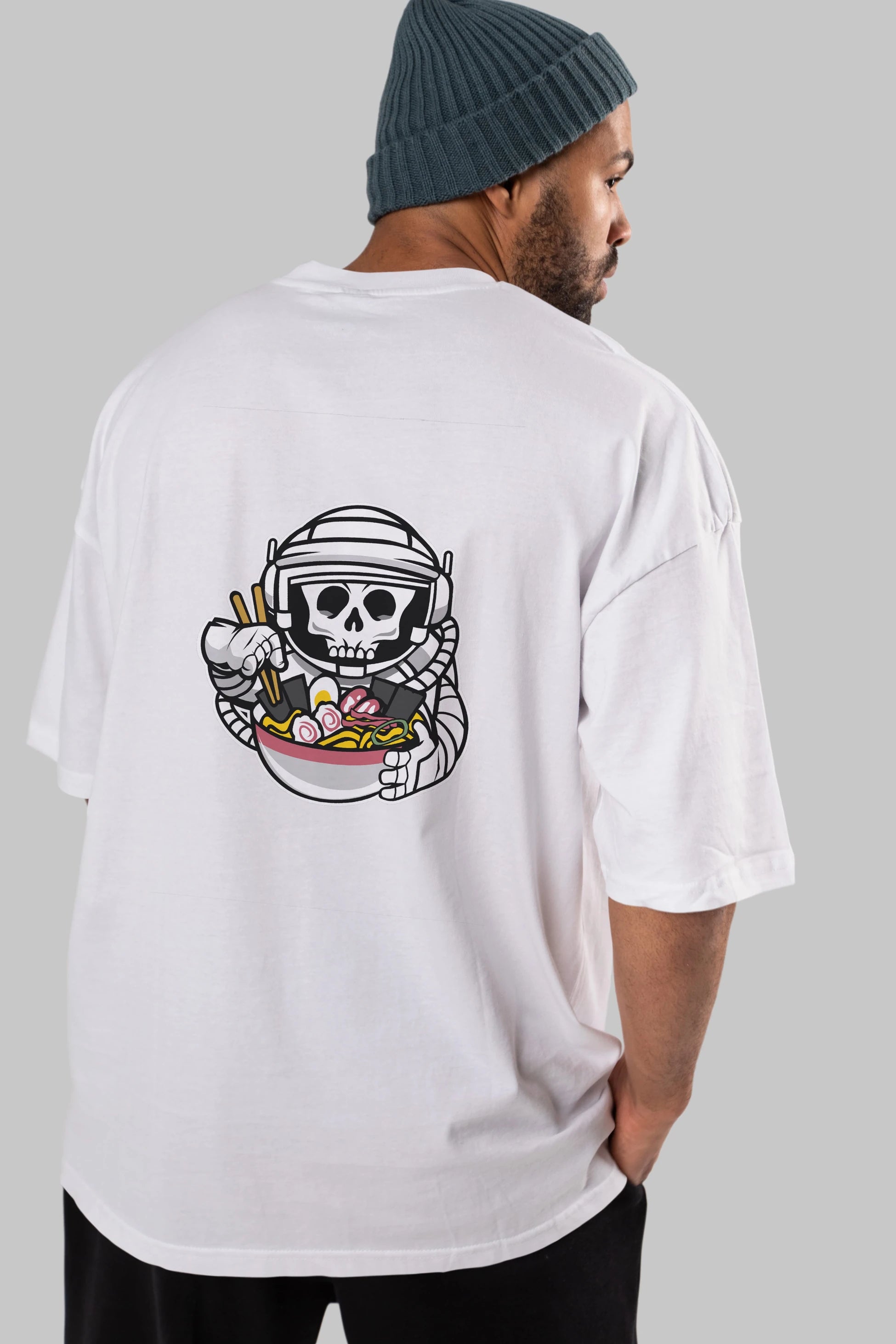 Astronaut Ramen Arka Baskılı Oversize t-shirt Erkek Kadın Unisex %100 Pamuk tişort