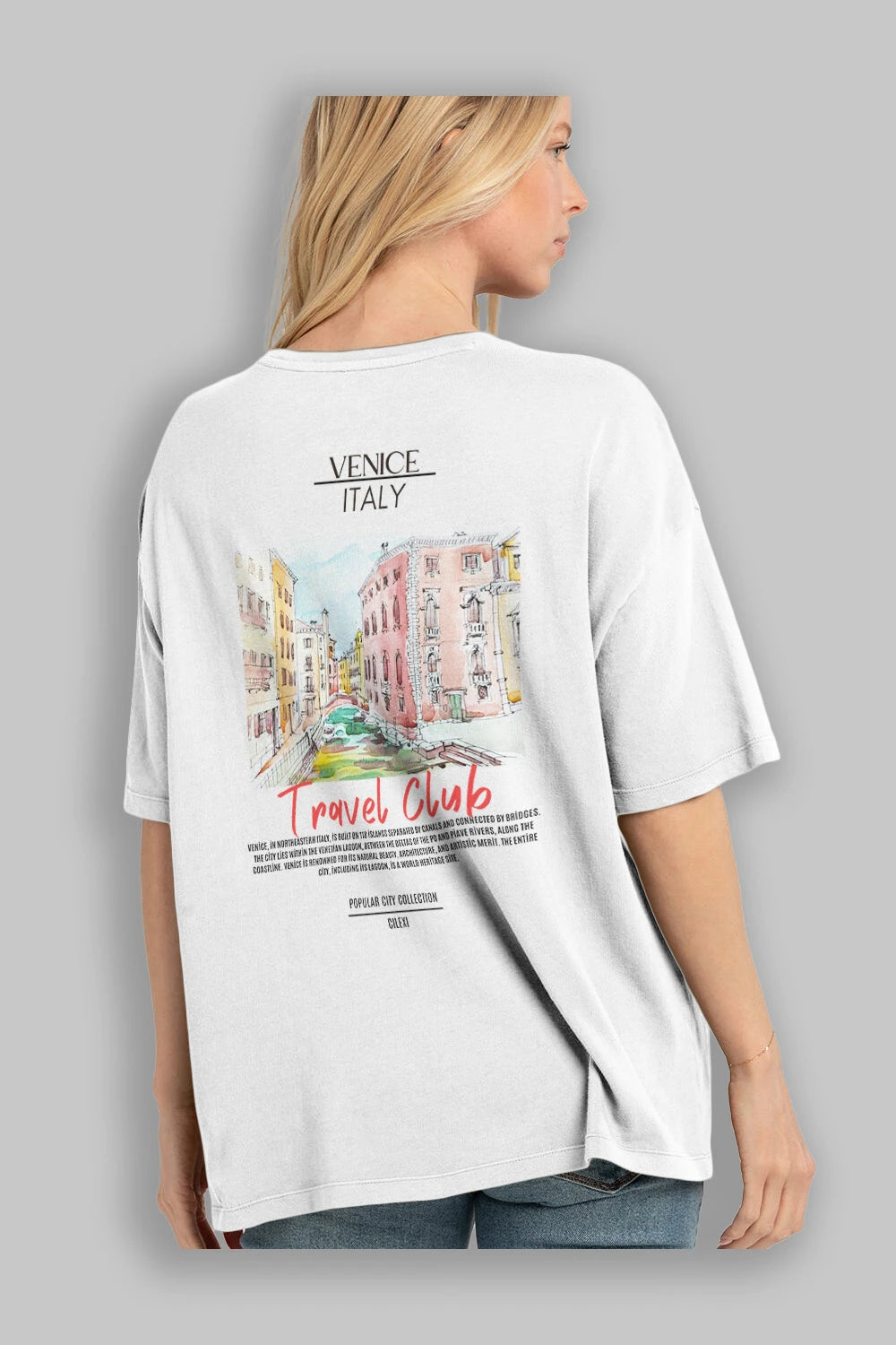 Venice İtaly Arka Baskılı Oversize t-shirt Erkek Kadın Pamuk Bisiklet Yaka tişort